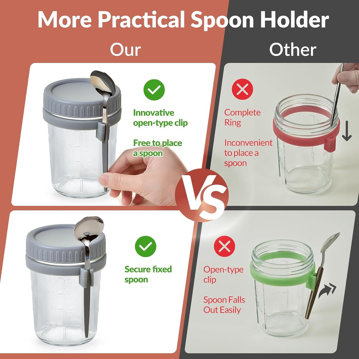 4 Pack Overnight Oats Containers with Lids and Spoons - DRKIO 16 Oz Glass Mason Jars for Overnight Oats Leak Proof Oatmeal Container Great for Cereal Fruit Vegetable Milk Salad Yogurt Meal Prep - Image 4