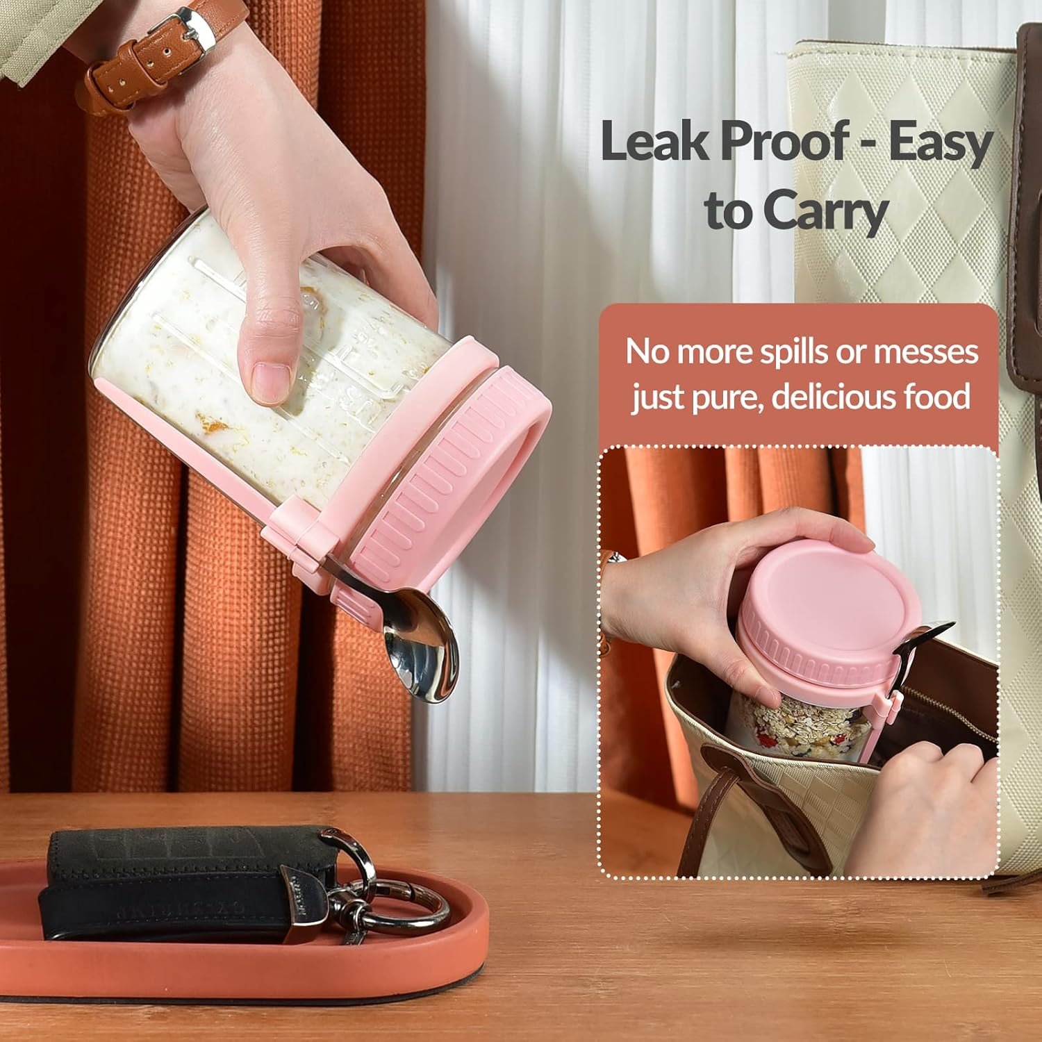 4 Pack Overnight Oats Containers with Lids and Spoons - DRKIO 16 Oz Glass Mason Jars for Overnight Oats Leak Proof Oatmeal Container Great for Cereal Fruit Vegetable Milk Salad Yogurt Meal Prep - Image 6