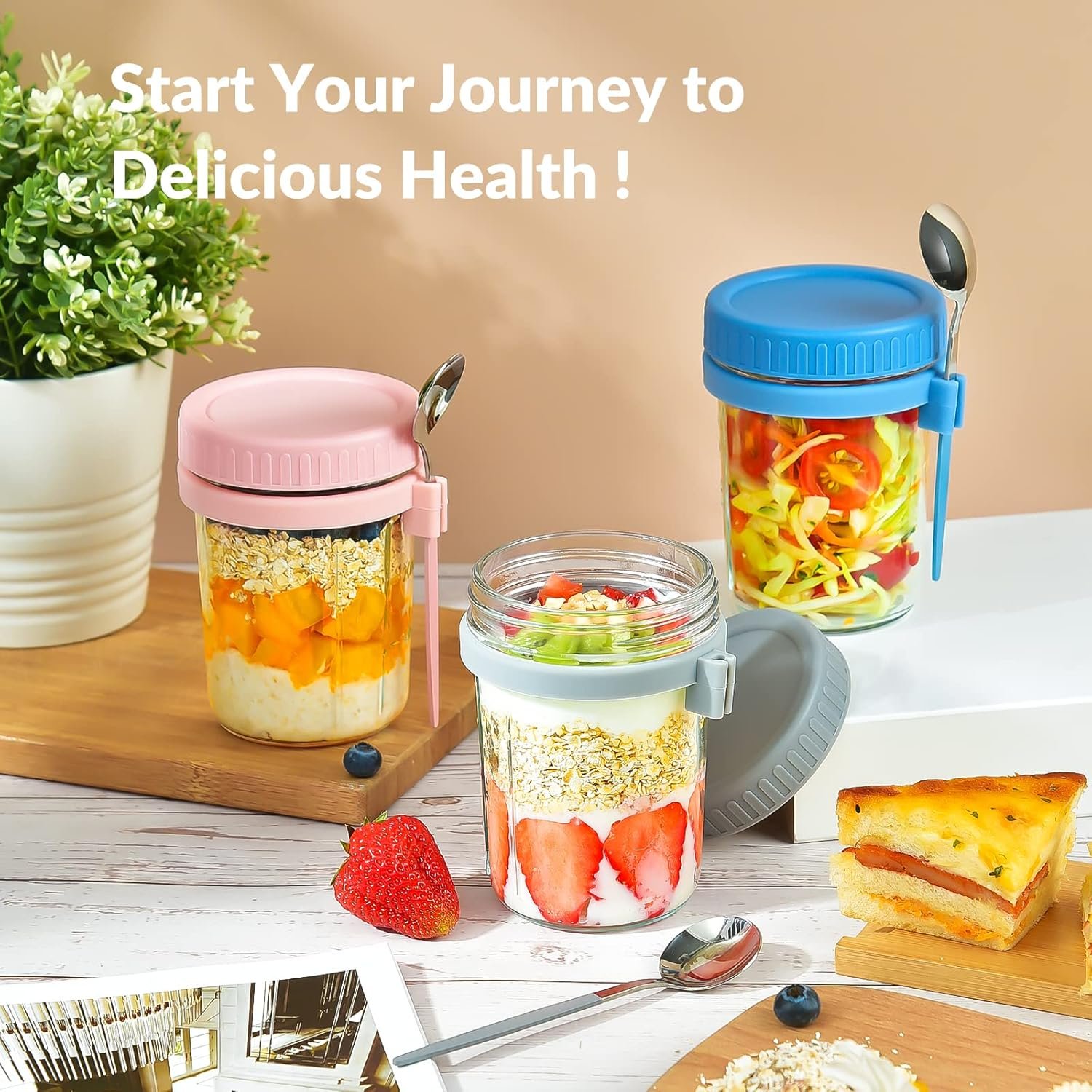 4 Pack Overnight Oats Containers with Lids and Spoons - DRKIO 16 Oz Glass Mason Jars for Overnight Oats Leak Proof Oatmeal Container Great for Cereal Fruit Vegetable Milk Salad Yogurt Meal Prep - Image 7