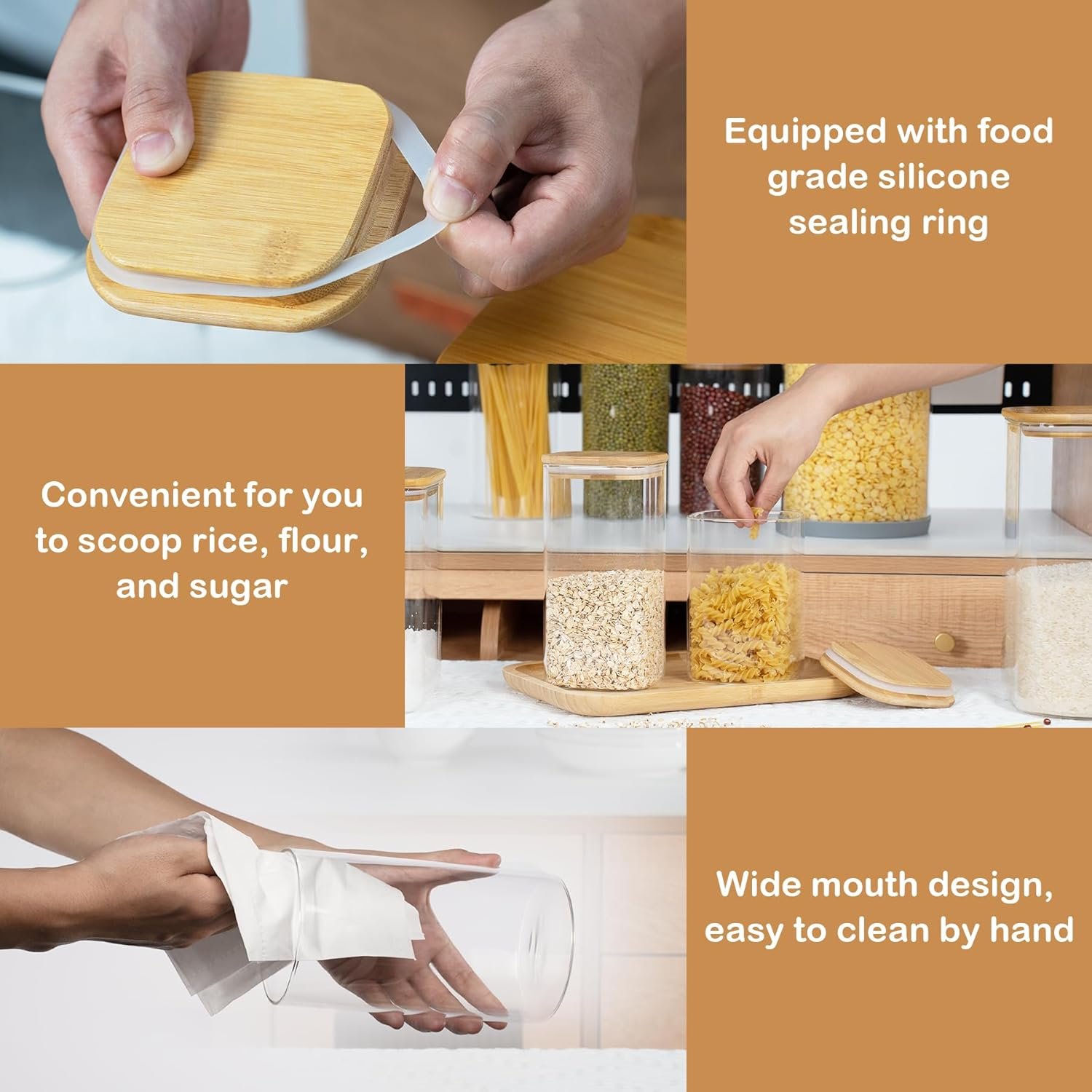 156oz Airtight Glass Square Storage Canister with Bamboo Lid Set of 2(4600ml*2) Large Gallon Glass Jars for Sugar, Flour, Cookies and Coffee beans (with Black Lable) - Image 5