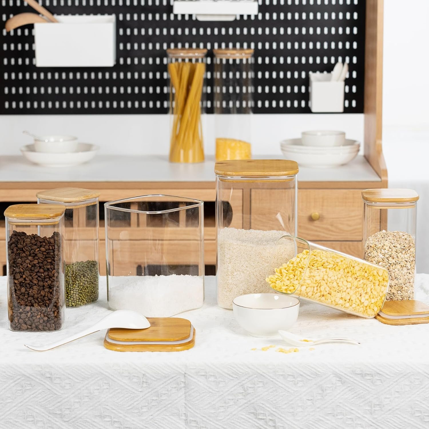 156oz Airtight Glass Square Storage Canister with Bamboo Lid Set of 2(4600ml*2) Large Gallon Glass Jars for Sugar, Flour, Cookies and Coffee beans (with Black Lable) - Image 7