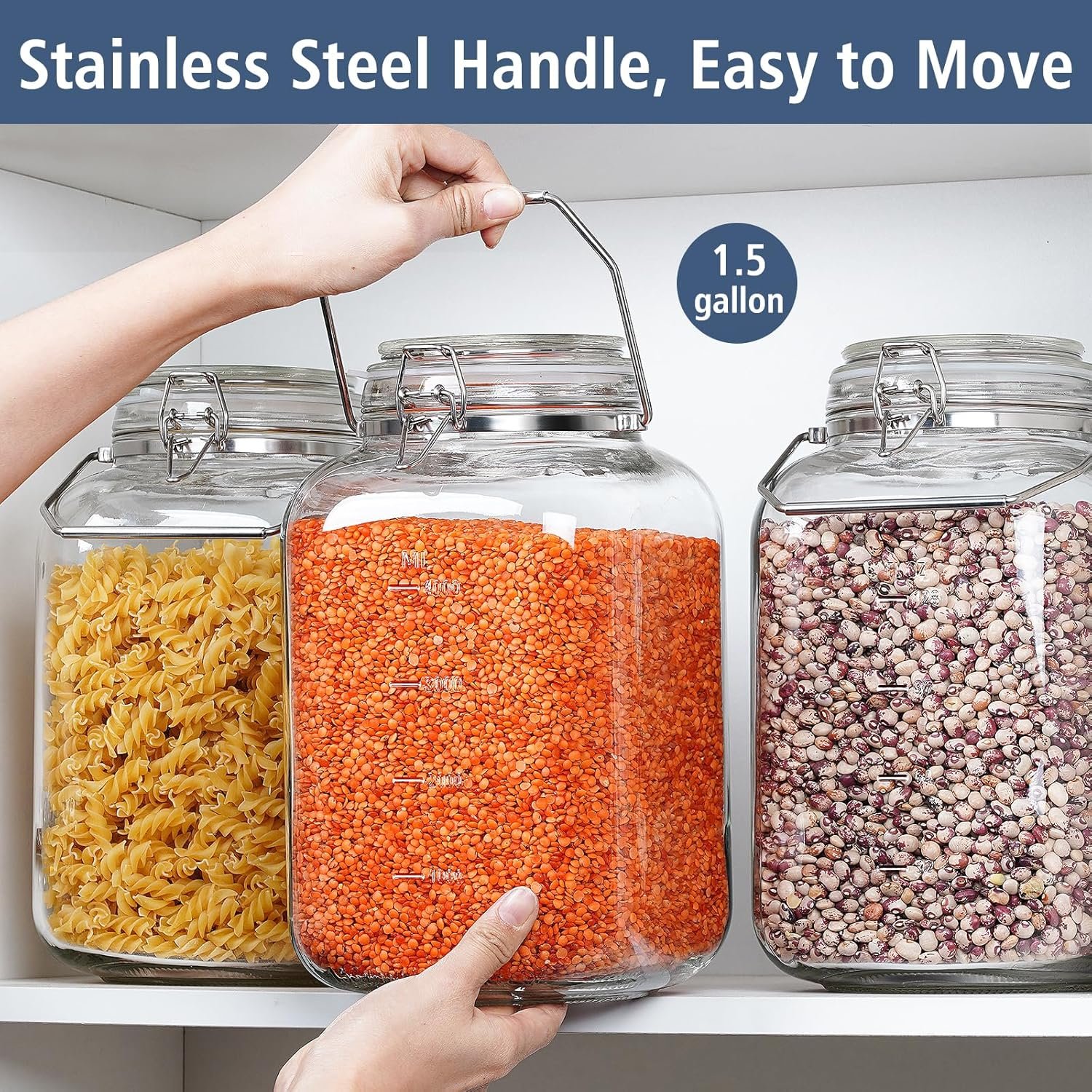 Folinstall 1.5 Gallon Glass Jar with Airtight Lid, Square Wide Mouth Mason Jars with Stainless Steel Handle, Large Glass Storage Containers for Canning, Flour, Sugar, Fermentation, Rice, Pickled Eggs - Image 3