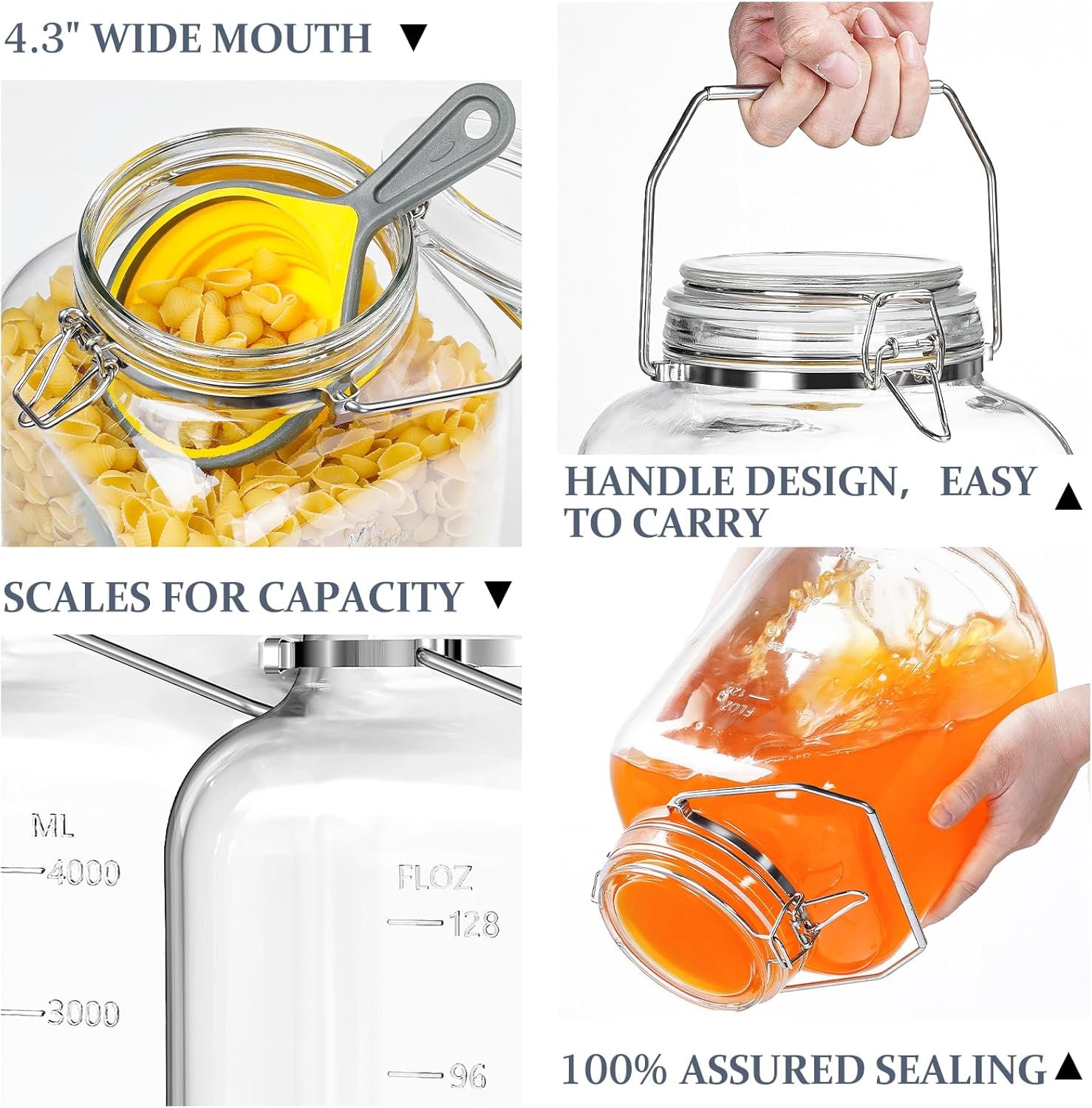 Folinstall 1.5 Gallon Glass Jar with Airtight Lid, Square Wide Mouth Mason Jars with Stainless Steel Handle, Large Glass Storage Containers for Canning, Flour, Sugar, Fermentation, Rice, Pickled Eggs - Image 4
