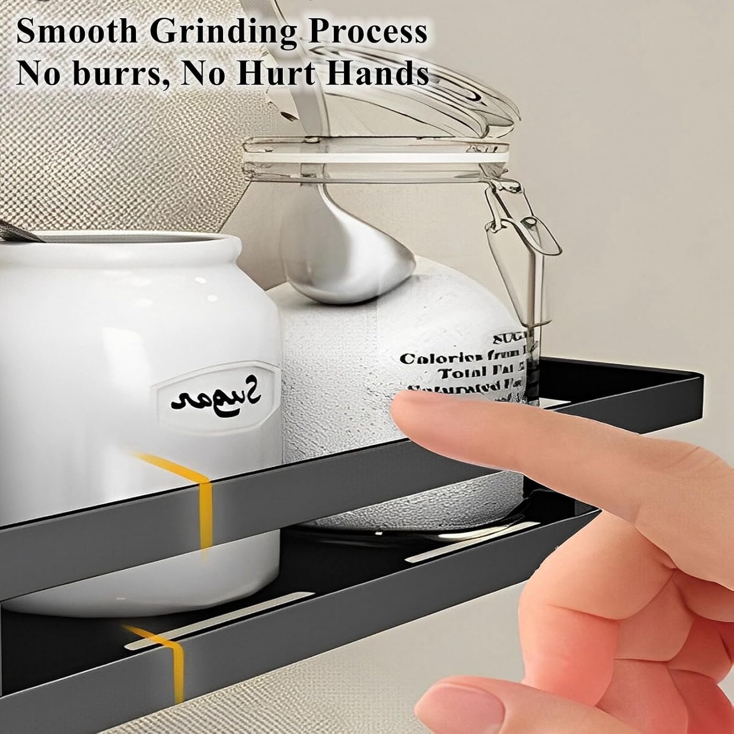 Floating Stainless Steel Shelves with Baking Paint Technique Rust Protection, Nail-Free Wall Mounted Spice Rack for Kitchen,Storage Organizer Shelves,Set of 1 Black - Image 10