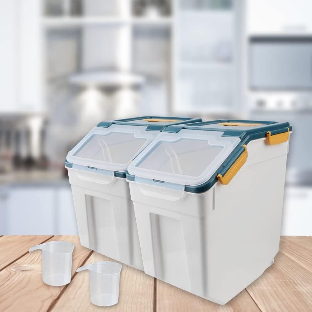 AnRui Airtight Flour Storage Container 25lb, Plastic Grain Storage Bucket, Rice Cereal Dispenser Organizer Box with Lid, Cat Dog Food Storage Bin with Measuring Cup, Scoop, Wheels, 2Pcs Blue - Image 7