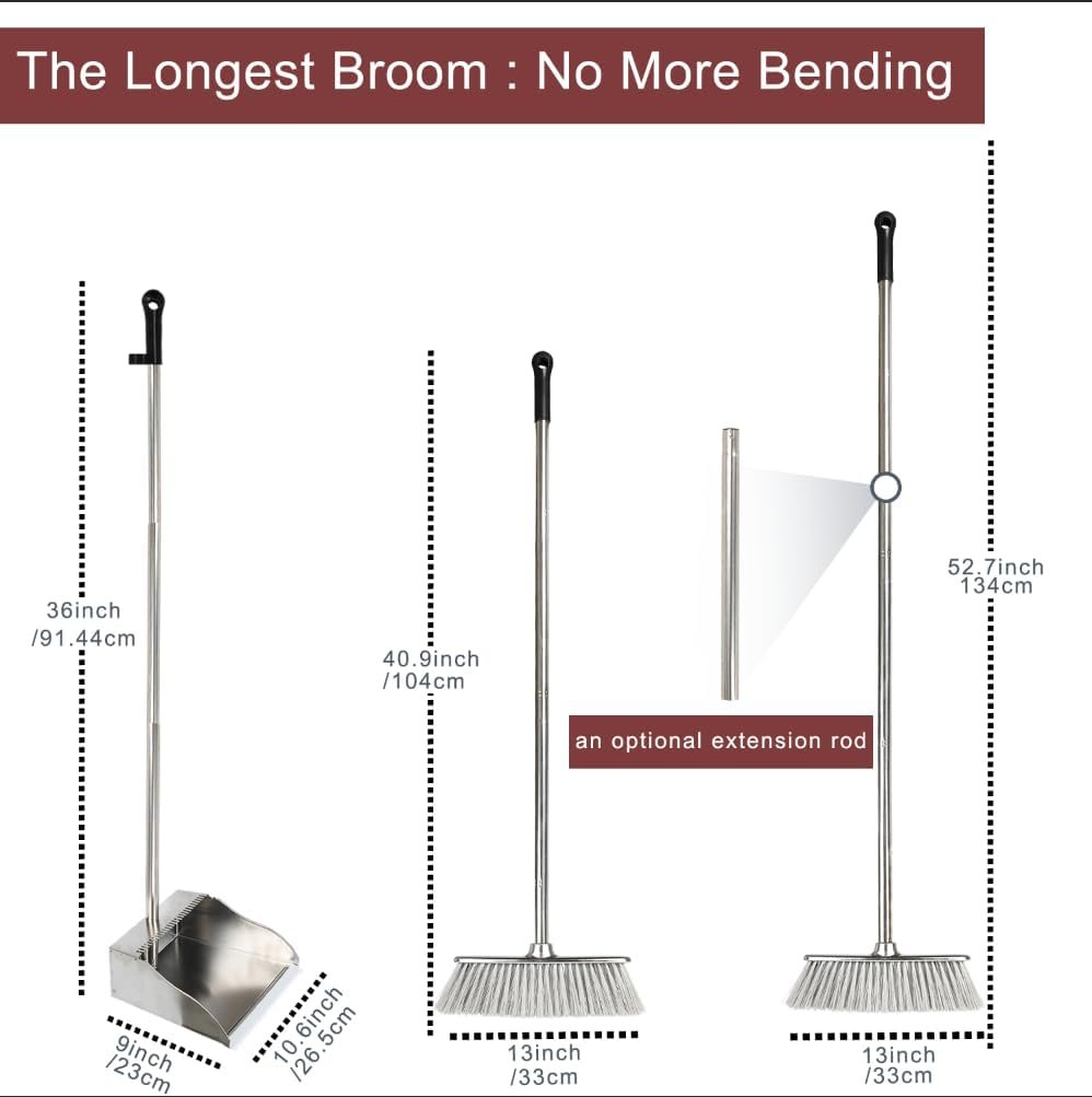 Metal Dustpan with Broom Set, Long Handle Stainless Steel Dustpan,Heavy Duty Standing Dust Pan with Teeth, Indoor Outdoor Up for Home Kitchen Lobby Room Office - Image 3