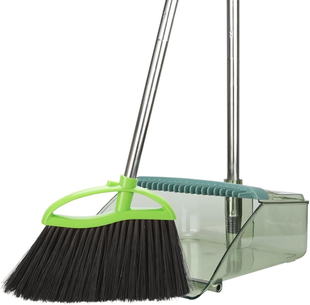 Soft Bristles Green Angle Broom and Dustpan Set, Long Handle Household Indoor Broom with Dustpan Combo Set for Room Kitchen Lobby Office Hardwood Floor Sweeping Floor Cleaning - Image 2
