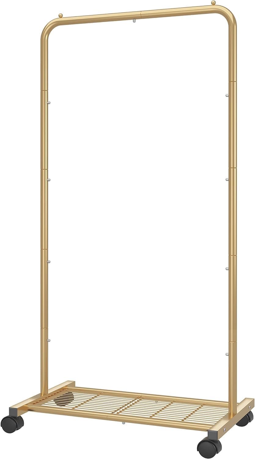 Simple Trending Standard Clothes Garment Rack, Clothing Rolling Rack with Mesh Storage Shelf on Wheels, Golden Yellow - Image 2