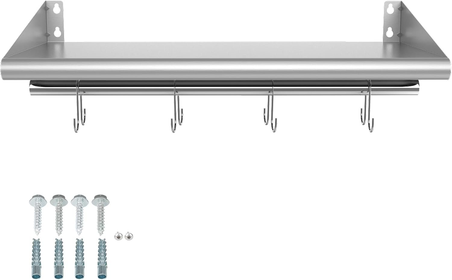 Skyflame 12" x 24" Stainless Steel Shelf with 4 Hooks, Wall Mounted Floating Shelving Storage Rack for Restaurant, Kitchen, Bathroom, Office - Image 2