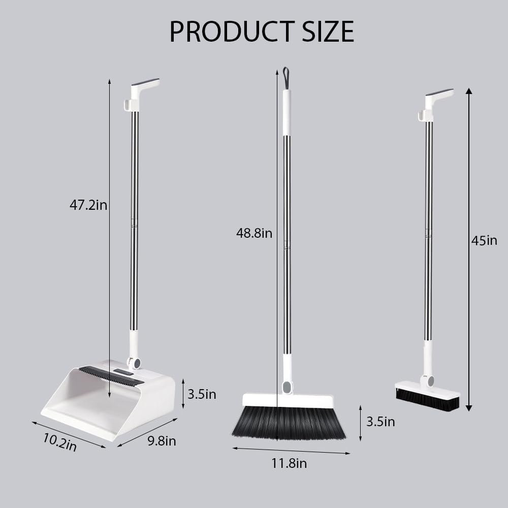 Upgrade Broom with Dustpan Combo Set,Long Handle Self-Cleaning Dust Pan and Brush Set 4-Row Dense Bristles,Indoor Broom Set (White) - Image 8