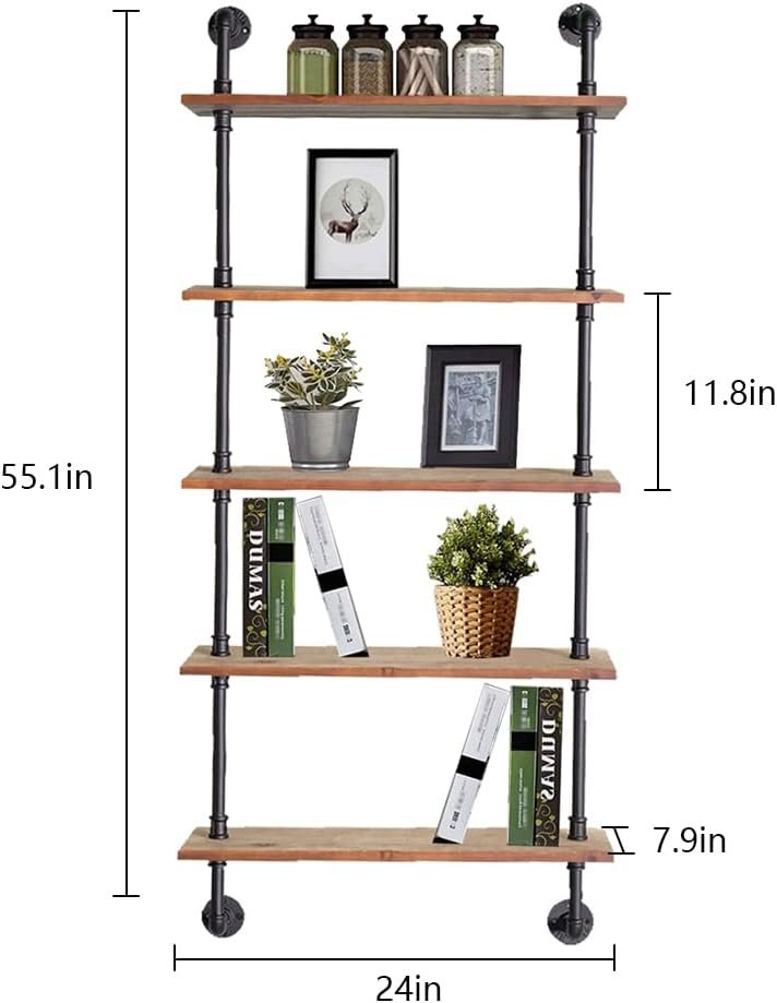Industrial Pipe Shelving, 24inch Pipe Shelves with Wood Planks, 5 Tier Floating Shelves Wall Mounted Steampunk Real Wood Book Shelves, Retro Rustic Industrial Shelf for Bar Kitchen Living Room - Image 3