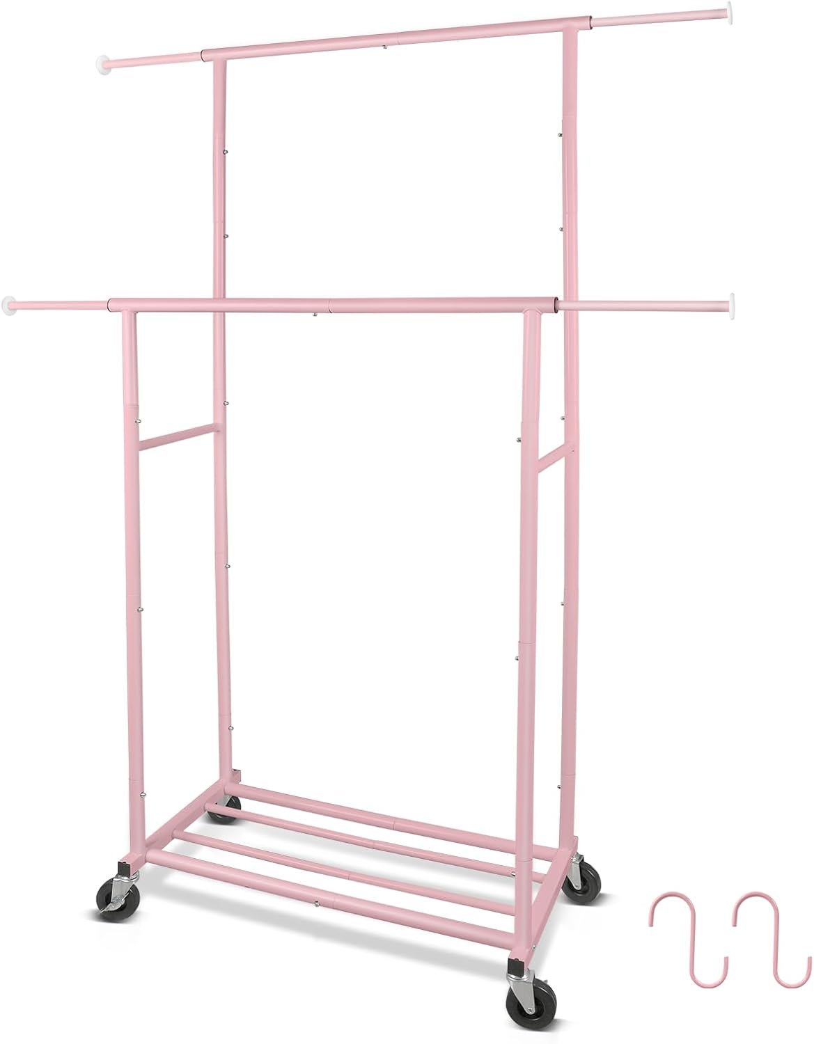 Portable Pink Double Rods Garment Rack with Rolling Clothes Organizer on Lockable Wheels Mobile for Gilr Women, 48" W x 15" D x 67" H, Metal Simple Hanging Clothes with 2 Hook - Image 2