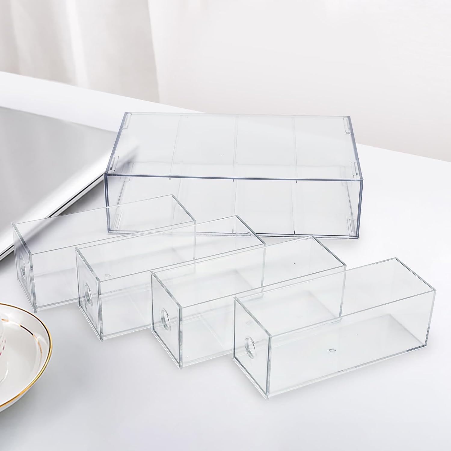 3-Pack Stackable Acrylic Storage Drawers, Desk Organizer Transparent Cosmetic Storage Boxes, 4 Compartment Design Suitable for Stationery, Dressing Table, Sunglasses, Jewelry Storage Organization - Image 6
