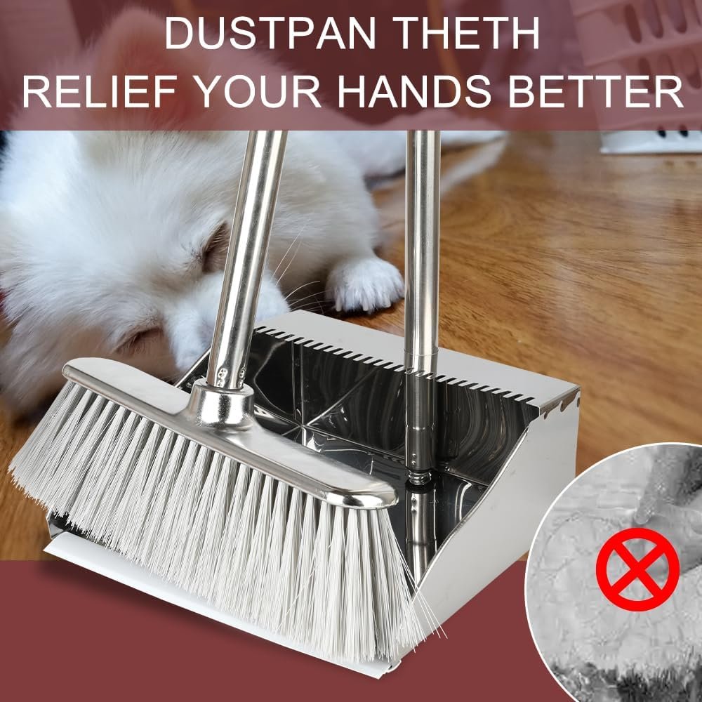 Metal Dustpan with Broom Set, Long Handle Stainless Steel Dustpan,Heavy Duty Standing Dust Pan with Teeth, Indoor Outdoor Up for Home Kitchen Lobby Room Office - Image 6