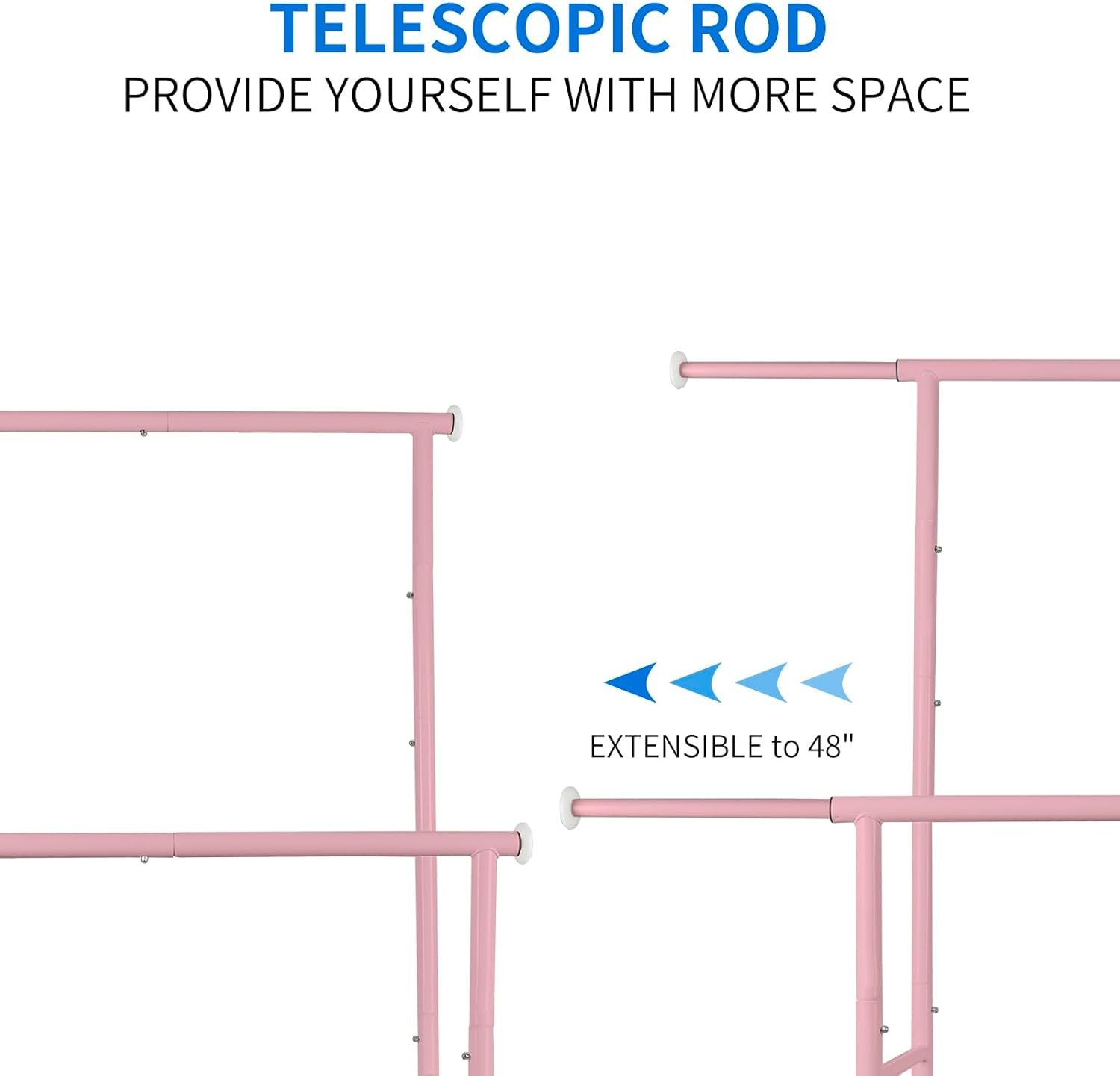 Portable Pink Double Rods Garment Rack with Rolling Clothes Organizer on Lockable Wheels Mobile for Gilr Women, 48" W x 15" D x 67" H, Metal Simple Hanging Clothes with 2 Hook - Image 5