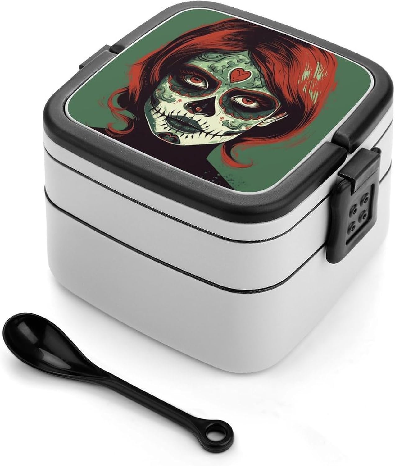 Skull Makeup Bento Box with Spoon, 2-layer Stackable Lunch Box Leak Proof with Invisible Handle, Insulated Food Storage for Office, Picnic & Travel - Image 2