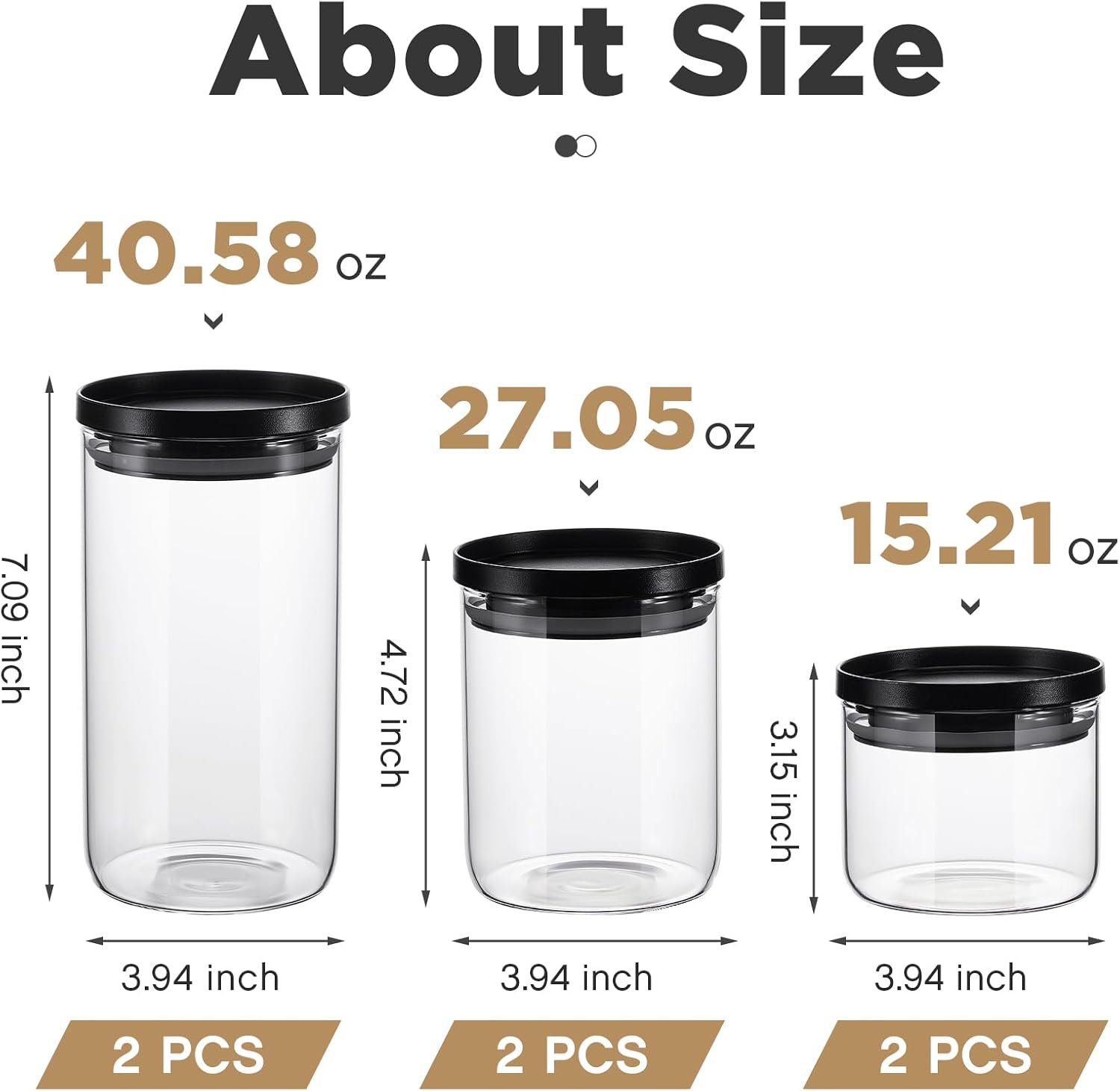 Rtteri 6 Pcs Glass Jars with Black Lids 15oz 27oz 41oz Canisters with Black Airtight Lids Stackable Glass Food Storage Containers Pantry Storage Jars PP Material Airtight - Image 3