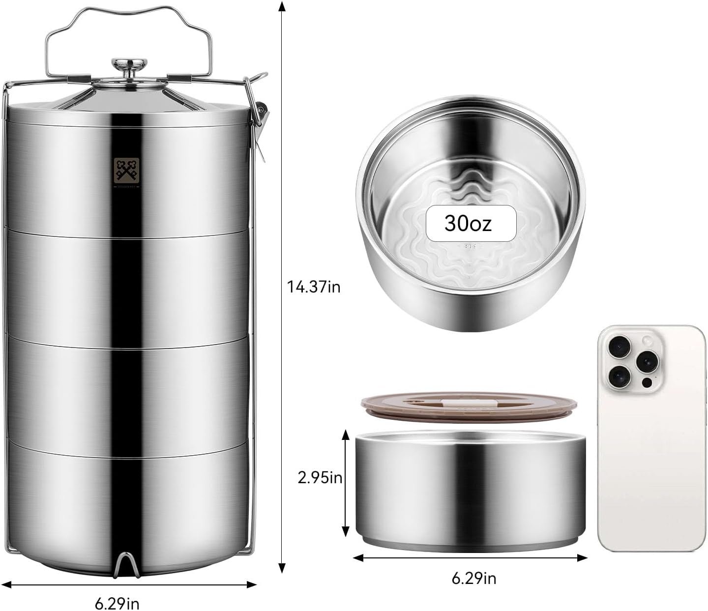 GOLDEN KEY 120 oz Stainless Steel Stackable Lunch Box for Adult, Huge Capacity Bento Box with Stackable 4 Tier Food Container, and Lunch Bag (120 Ounces 4-Layers Bento) - Image 3