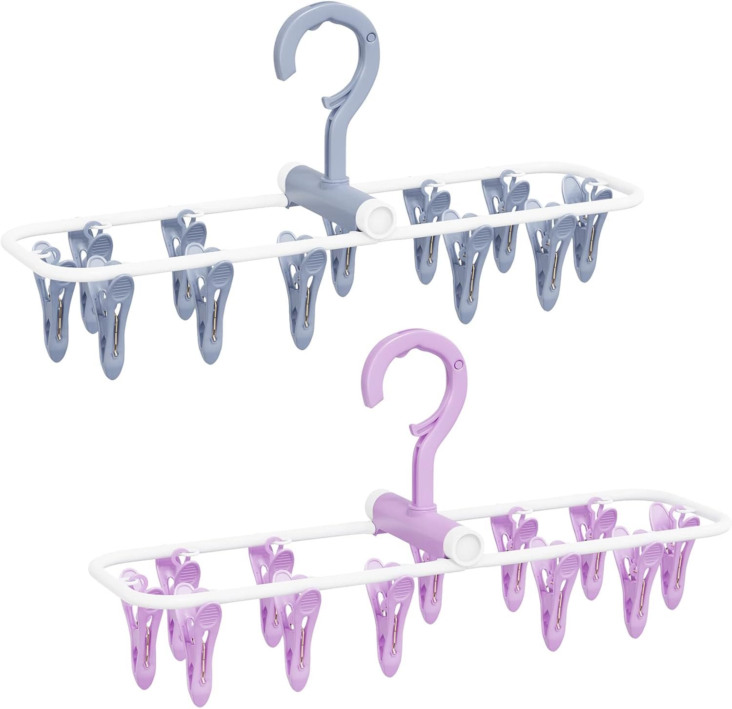 Clothes Drying Hanger with 12 Clips, 2 Pack Folding Portable Hanging Drying Rack,Drip Foldable Hanging Rack, 360° Rotatable Hook for Drying Towels Bras Baby Clothes Gloves Plastic(Blue&Purple) - Image 8