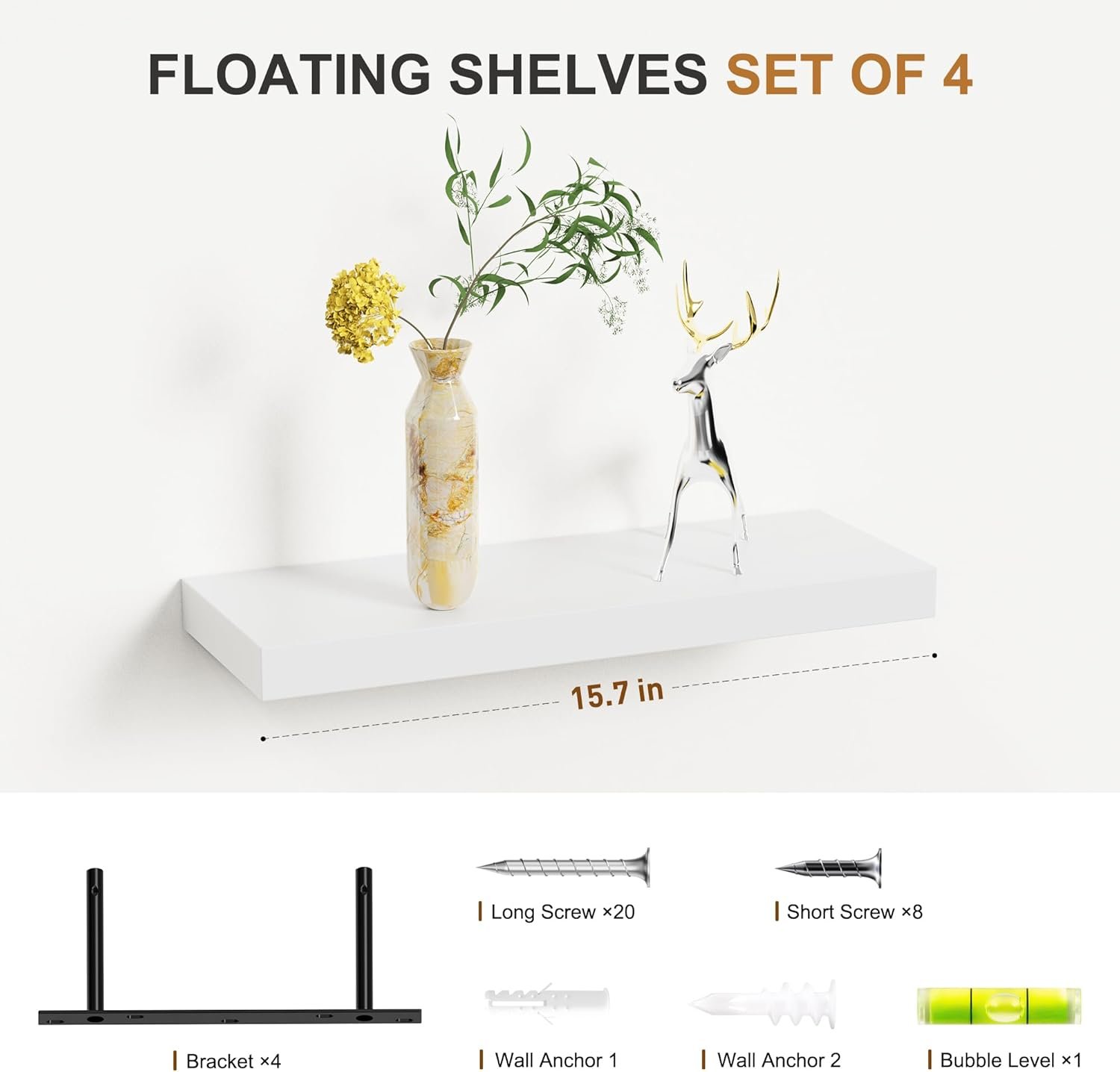 Bellsal Floating Shelves for Wall, White Engineered Wood Wall Shelf Set of 4, 16" Wall Mounted Floating Shelf for Kitchen, Living Room, Bedroom, Bathroom Storage, Book Shelf for Walls Home Decor - Image 4