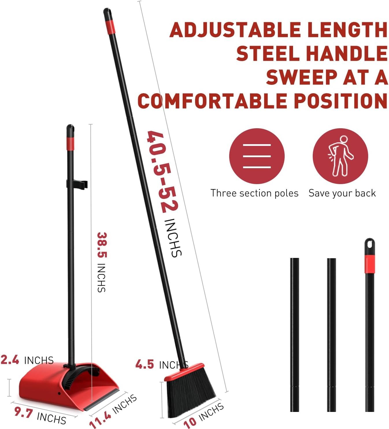 Broom with Dustpan Combo Set,52"" Brooms for Sweeping Indoor Broom and Dustpan Set for Home Kitchen Office Lobby Floor Standing Dust Pan-Red - Image 5