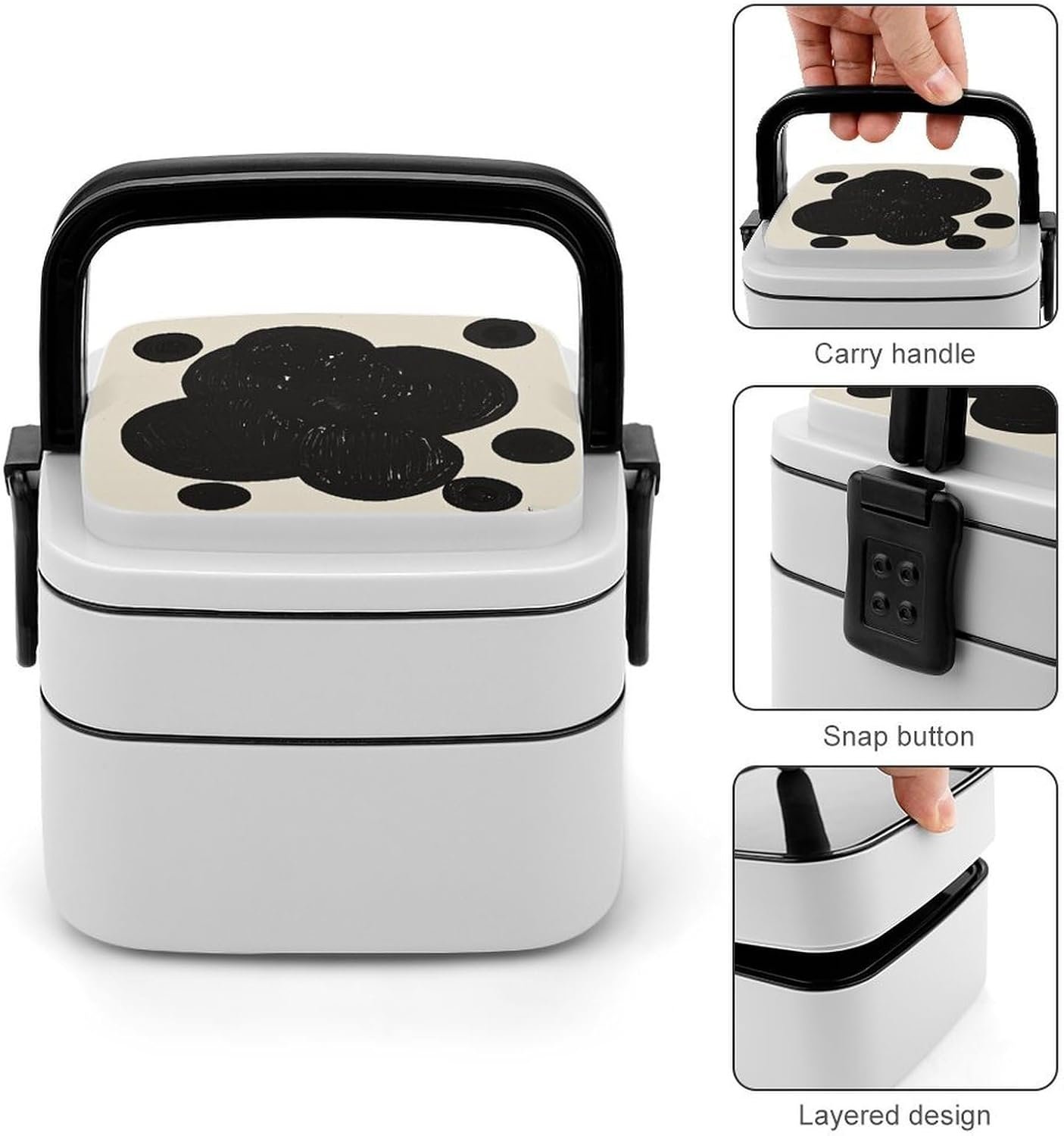Black & White Big Dot Bento Box with Spoon, 2-layer Stackable Lunch Box Leak Proof with Invisible Handle, Insulated Food Storage for Office, Picnic & Travel - Image 6