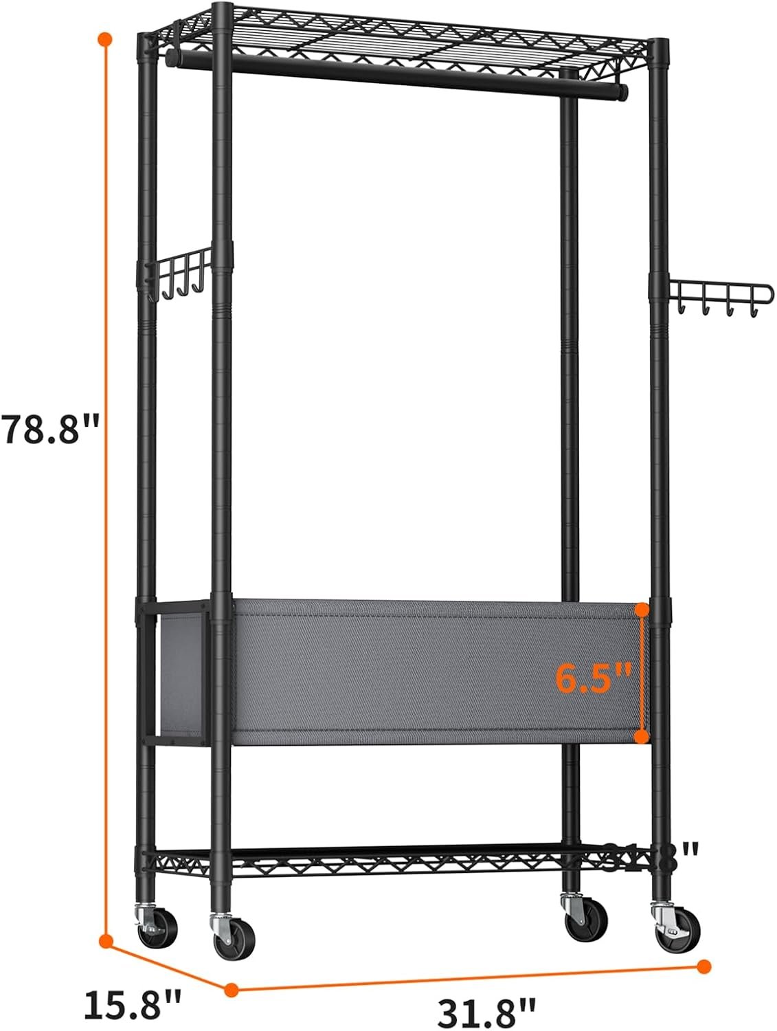 Clothes Rack,Heavy Duty Garment Rack 3 Tier Adjustable With Removable Clothe Basket,Wheels Free Standing Rolling Wire Shelving Clothing Racks for Hanging Clothes Metal Portable Closet - Image 4