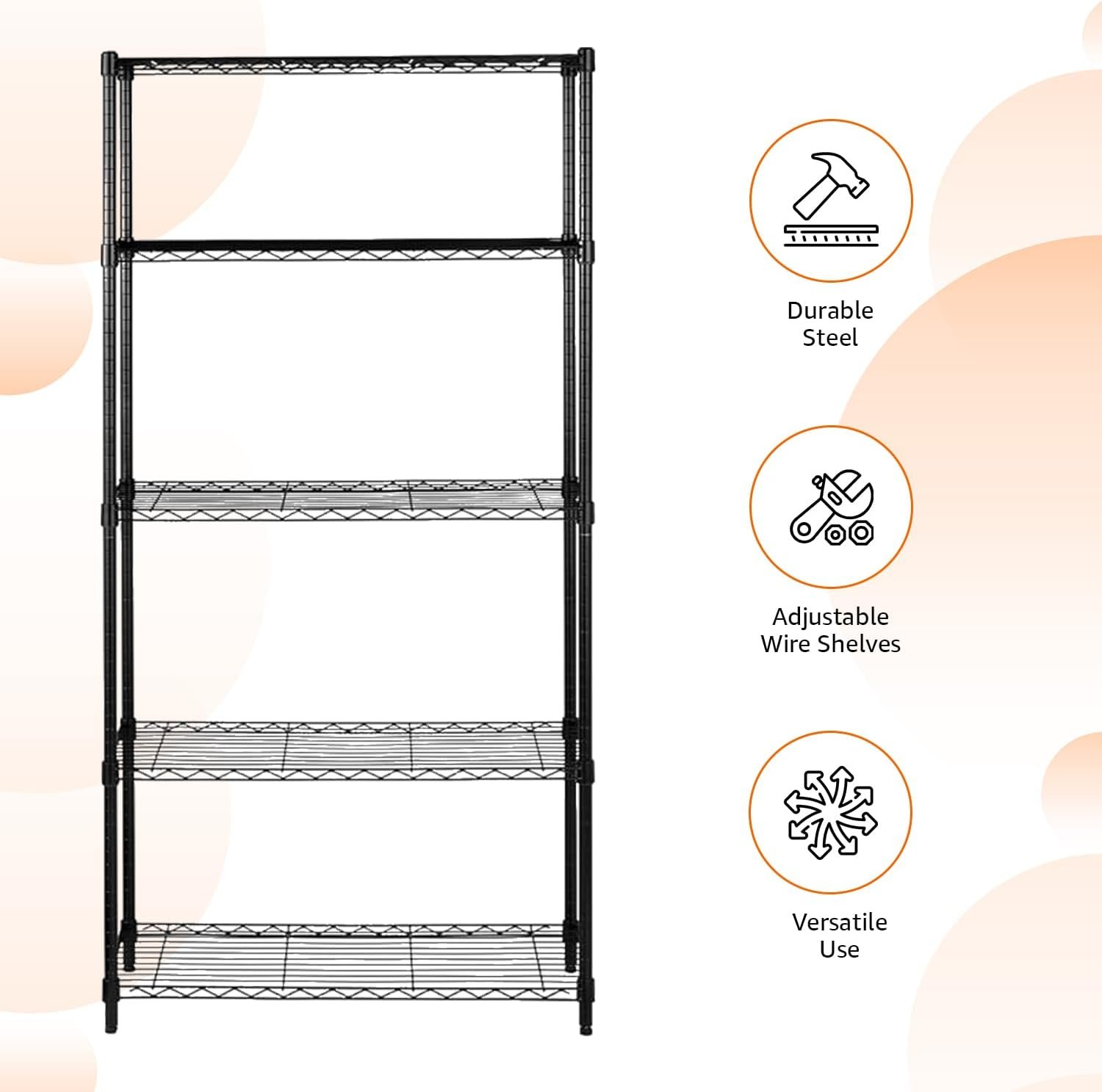 Amazon Basics 5-Shelf Adjustable Heavy Duty Steel Wire Rack Storage Shelving Organizer for Kitchen, Garage, 36" L x 14" W x 72" H, Black - Image 5