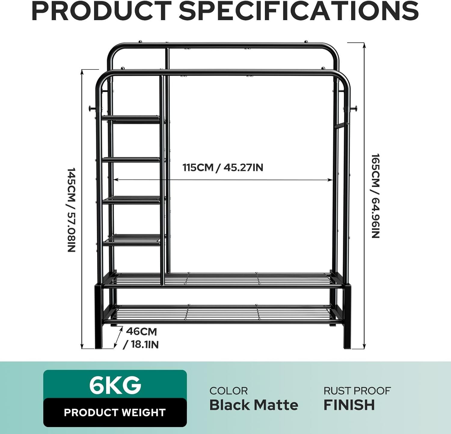 Clothes Rack, Double Rods Clothing Rack with 2 Bottom Shelves & 4 Side Shelves, Metal Garment Rack for Hanging Clothes, Heavy Duty Clothes Rack for Bedroom, Laundry, Living Room, Black - Image 8