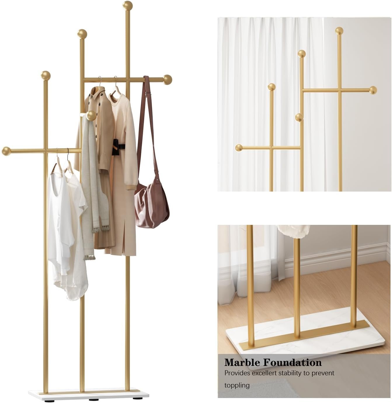 Gold Coat Racks with Marble Base Heavy Duty Clothes Rack Metal Coat Tree for Clothes Hats Scarfs Totes-19.7''L,GOLD - Image 6