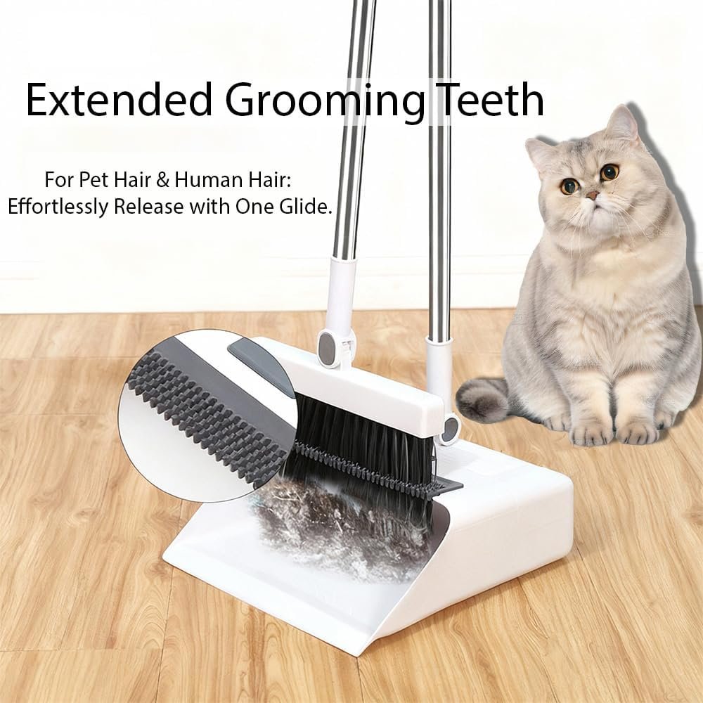 Upgrade Broom with Dustpan Combo Set,Long Handle Self-Cleaning Dust Pan and Brush Set 4-Row Dense Bristles,Indoor Broom Set (White) - Image 4