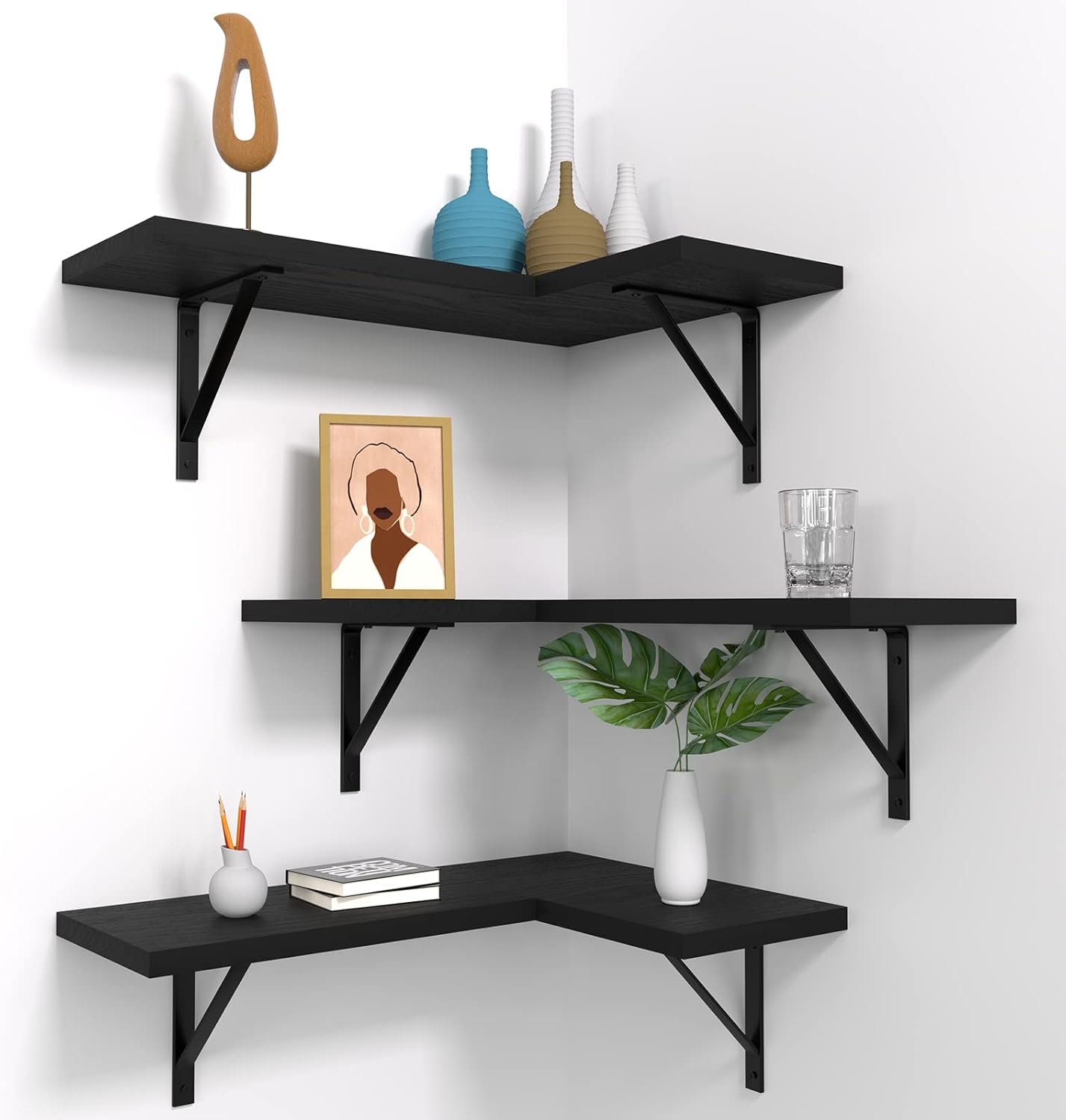 NATURE'S SOURCE Corner Floating Shelves Set of 3, Corner Shelves Wall Mounted, for Bedroom Kitchen Living Room Bathroom Office- Gothic Style (Black) - Image 2