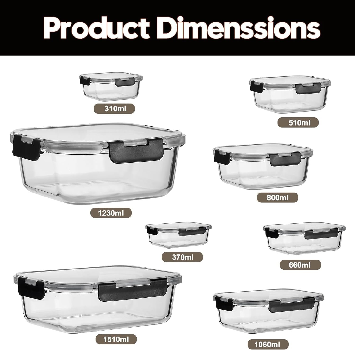 8 Pack Glass Meal Prep Containers with Lids, Extra Thick Airtight Food Storage Set (310ml-1510ml/10.5oz–51oz), Leakproof Lunch Boxes for Leftovers - Image 3