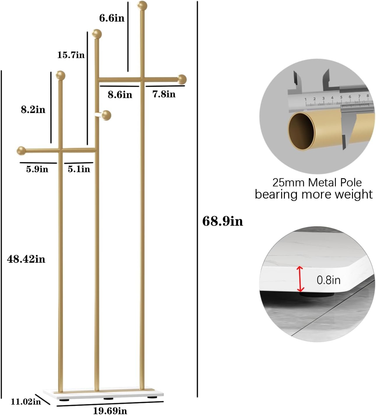 Gold Coat Racks with Marble Base Heavy Duty Clothes Rack Metal Coat Tree for Clothes Hats Scarfs Totes-19.7''L,GOLD - Image 5