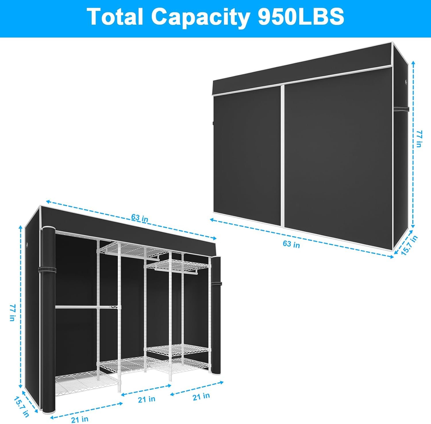 Ulif E13C Heavy Duty Closet Organizer System,Freestanding Clothing Racks for Hanging Clothes,Adjustable Garment Rack 63" W x 16" D x 77" H Hold 960 lbs,White Clothing Rack with Black Dustproof Cover - Image 3