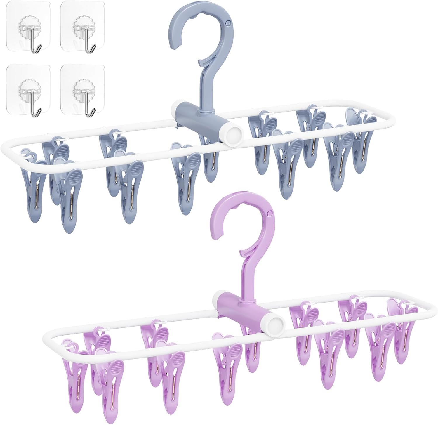 Clothes Drying Hanger with 12 Clips, 2 Pack Folding Portable Hanging Drying Rack,Drip Foldable Hanging Rack, 360° Rotatable Hook for Drying Towels Bras Baby Clothes Gloves Plastic(Blue&Purple) - Image 2