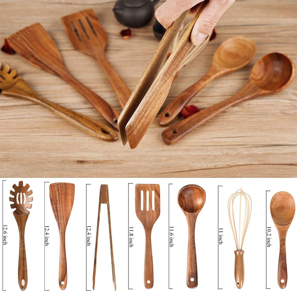 Wooden Utensil for Cooking, Wood Kitchen Utensils Cooking Set Teak Wood Spoons set for Cooking,Spatulas Non-Stick for Cookware Kitchen Spoon (7) - Image 7
