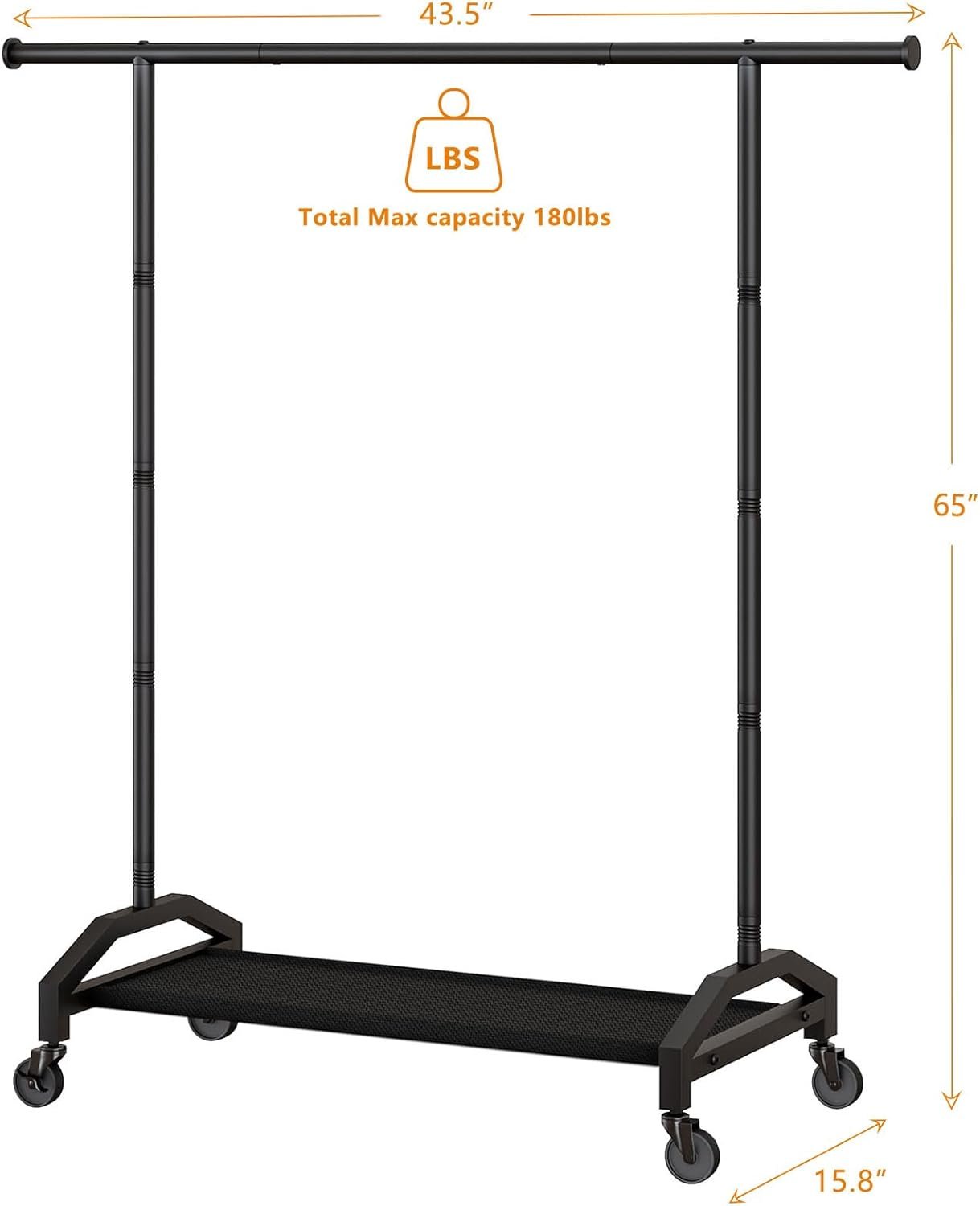 Clothes Rack Clothing Racks for Hanging Rolling Heavy Duty Coat Rack Drying Rack Clothing 200lbs Capacity 3" Industrial Wheels, 1" Pipe,Rolling Garment Rack Black - Image 4