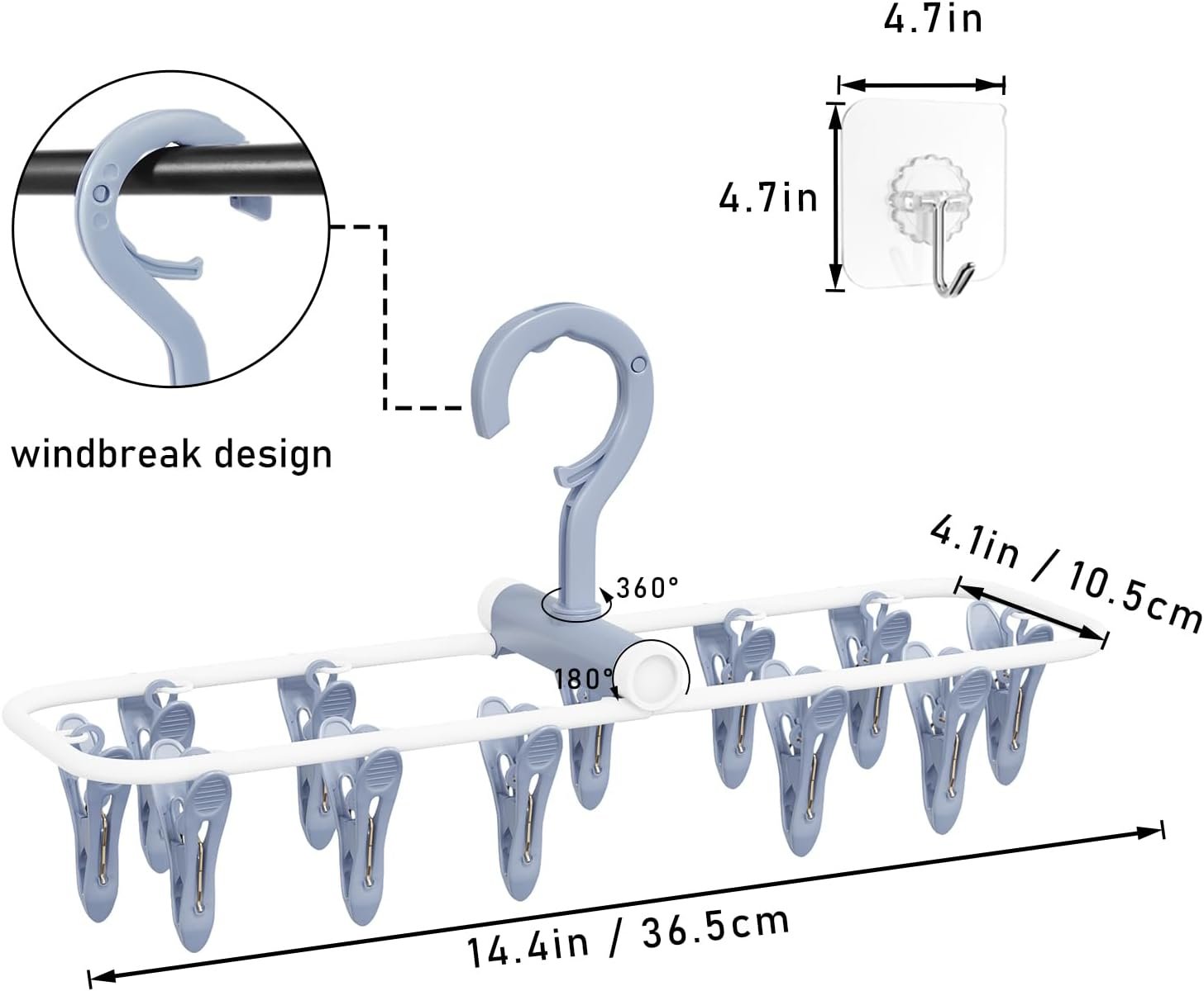 Clothes Drying Hanger with 12 Clips, 2 Pack Folding Portable Hanging Drying Rack,Drip Foldable Hanging Rack, 360° Rotatable Hook for Drying Towels Bras Baby Clothes Gloves Plastic(Blue&Purple) - Image 3
