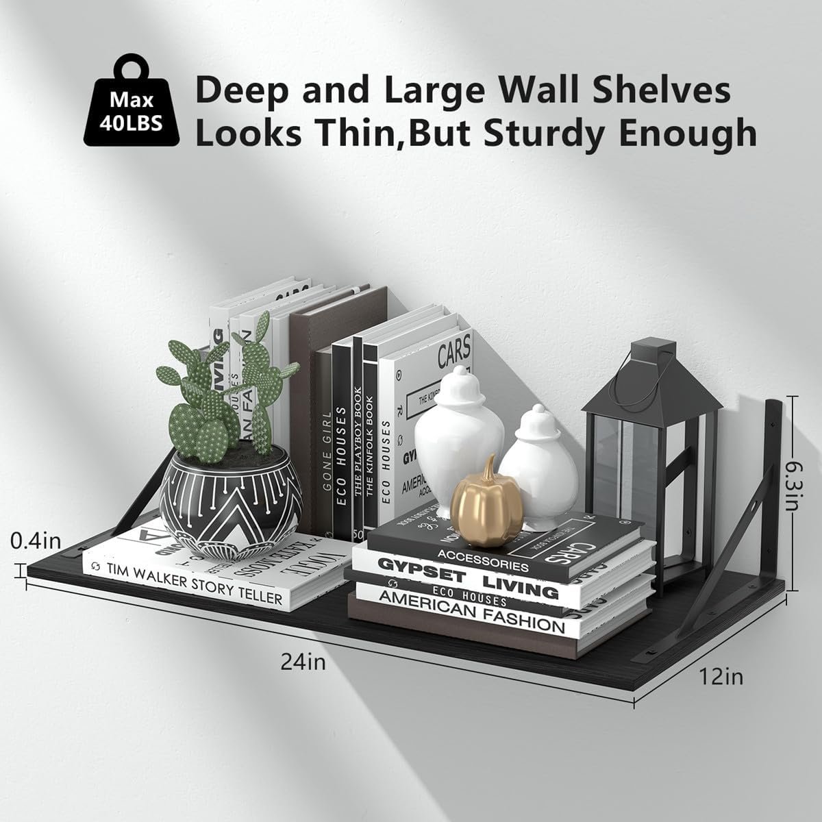 12 Inch Deep Floating Shelves for Wall Set of 3, 24W x 12D Black Floating Shelves, Wide Floating Wall Mounted Shelves for Living Room, Kitchen, Office, Bedroom, Bathroom, Laundry Room - Image 4