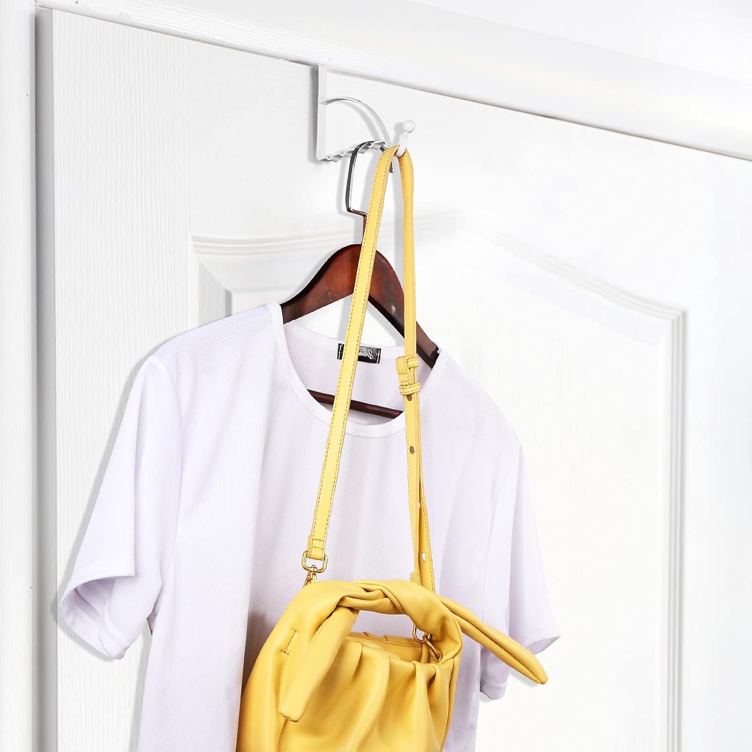 Hotop 2 Pcs Over The Door Hooks Over Door Hanger Sturdy Valet Hooks Mounted Hanging Storage Organizer Rack for Clothes Coats Towels Hats Scarves Purses(White) - Image 7