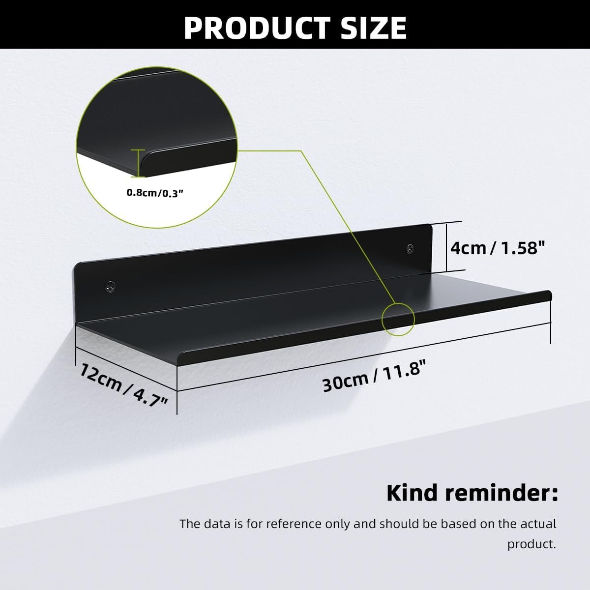 Floating Shelves for Wall Mounted for Bathroom,Metal Shelving Bedroom,Living Room,Kitchen,Small Hanging Shelf for Books/Storage Rack/Room Decor with 20lbs Capacity Black,12x5 inch(30x12cm) - Image 4