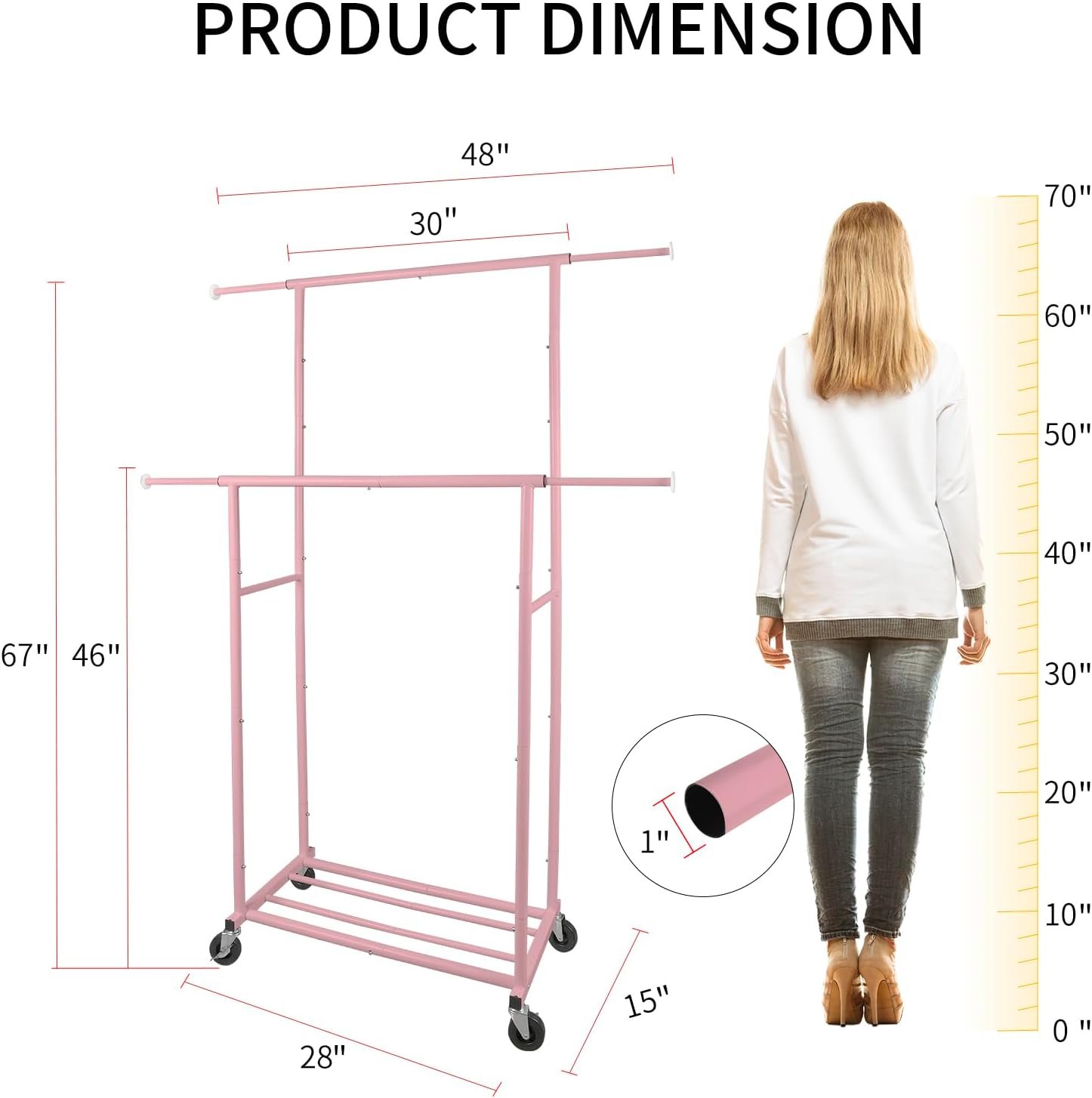 Portable Pink Double Rods Garment Rack with Rolling Clothes Organizer on Lockable Wheels Mobile for Gilr Women, 48" W x 15" D x 67" H, Metal Simple Hanging Clothes with 2 Hook - Image 3