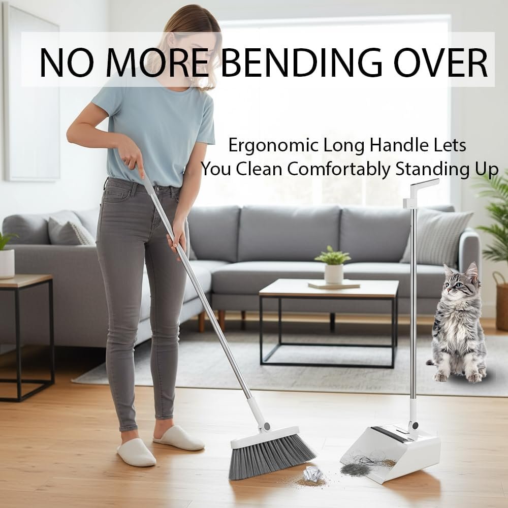 Upgrade Broom with Dustpan Combo Set,Long Handle Self-Cleaning Dust Pan and Brush Set 4-Row Dense Bristles,Indoor Broom Set (White) - Image 5