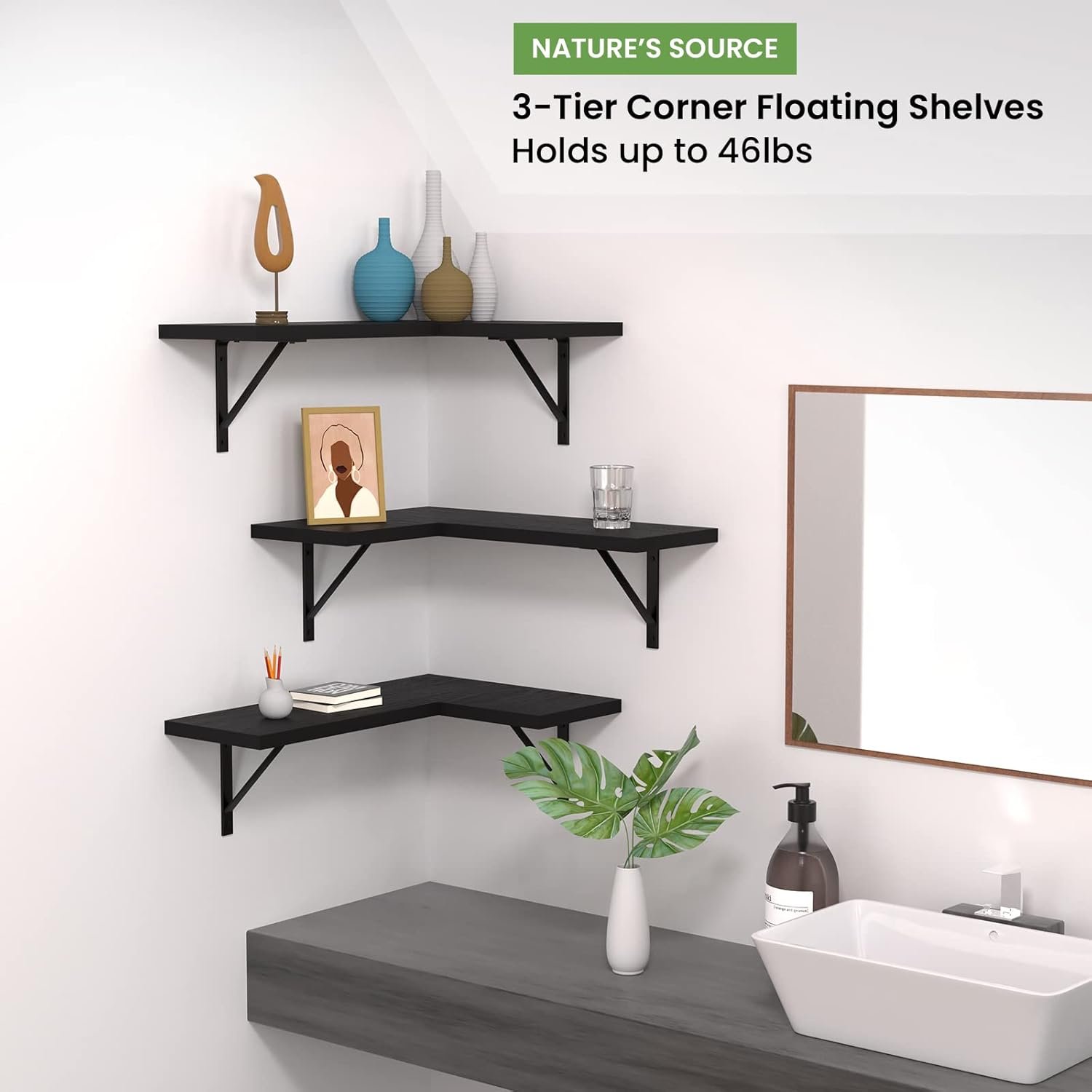 NATURE'S SOURCE Corner Floating Shelves Set of 3, Corner Shelves Wall Mounted, for Bedroom Kitchen Living Room Bathroom Office- Gothic Style (Black) - Image 6