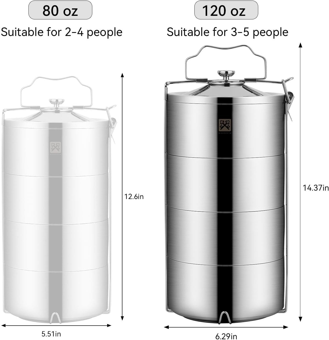 GOLDEN KEY 120 oz Stainless Steel Stackable Lunch Box for Adult, Huge Capacity Bento Box with Stackable 4 Tier Food Container, and Lunch Bag (120 Ounces 4-Layers Bento) - Image 5