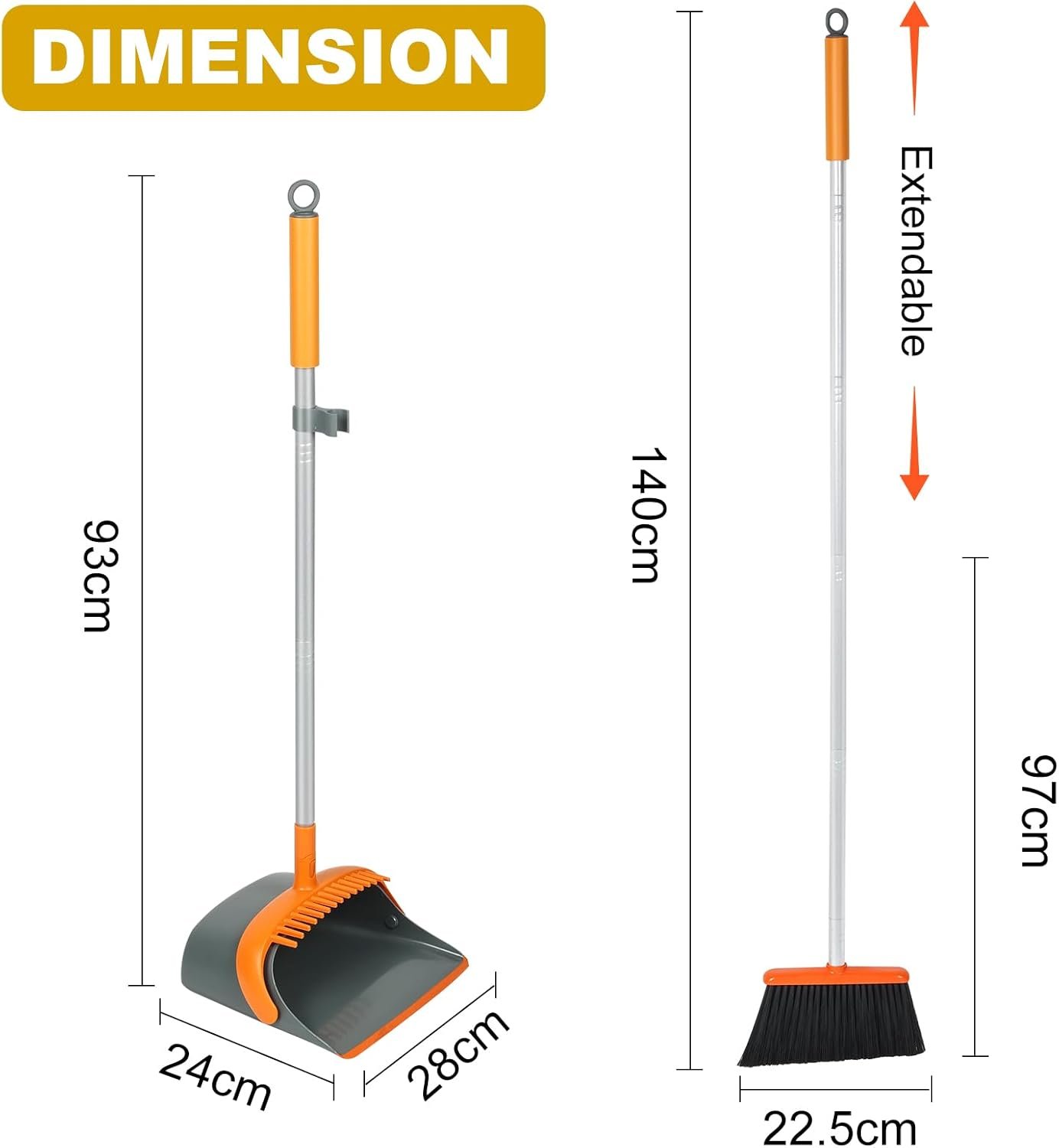Broom and Dustpan Set with 54 Inch Long Handle - Perfect Dust Pan and Brush Combo for Home Efficient Cleaning (Orange and Grey) - Image 3