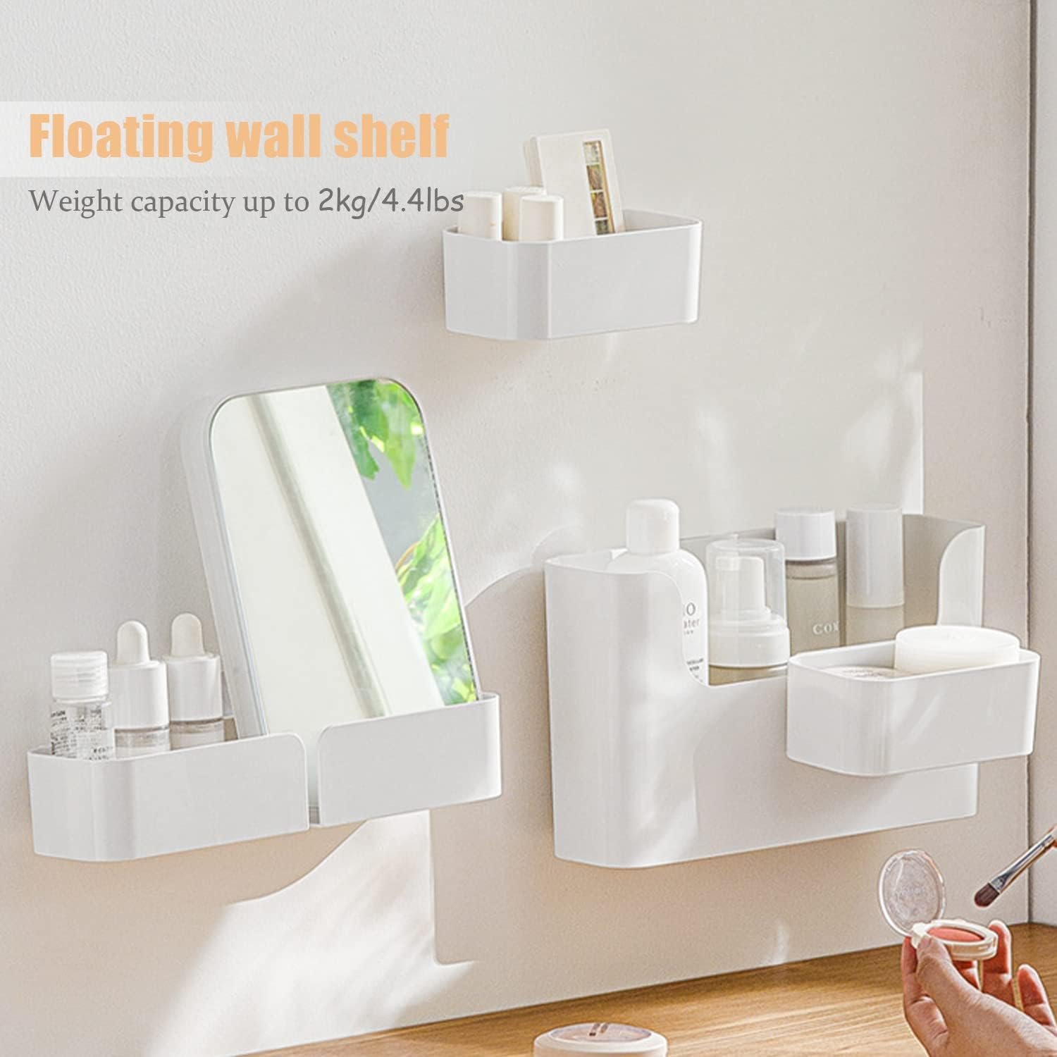 4 Pack Bedside Shelf Wall Mount,Wall Mounted Floating Shelf, Bedside Shelf Organizer Set,Non-Drilling Adhesive Plastic Storage Organizer for Home Decor,Kitchen,Bedroom,Bathroom,Rv (White) - Image 3