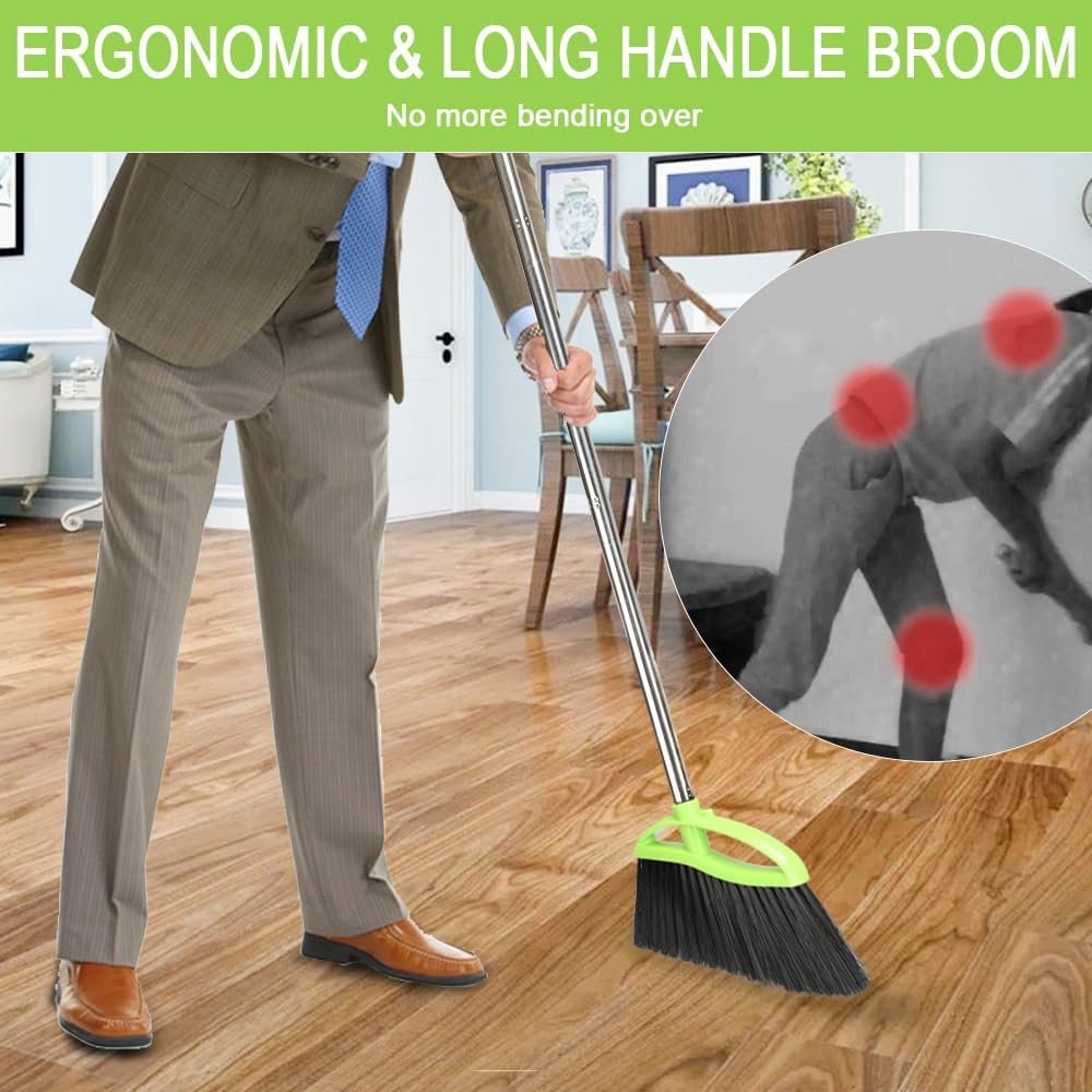 Soft Bristles Green Angle Broom and Dustpan Set, Long Handle Household Indoor Broom with Dustpan Combo Set for Room Kitchen Lobby Office Hardwood Floor Sweeping Floor Cleaning - Image 8