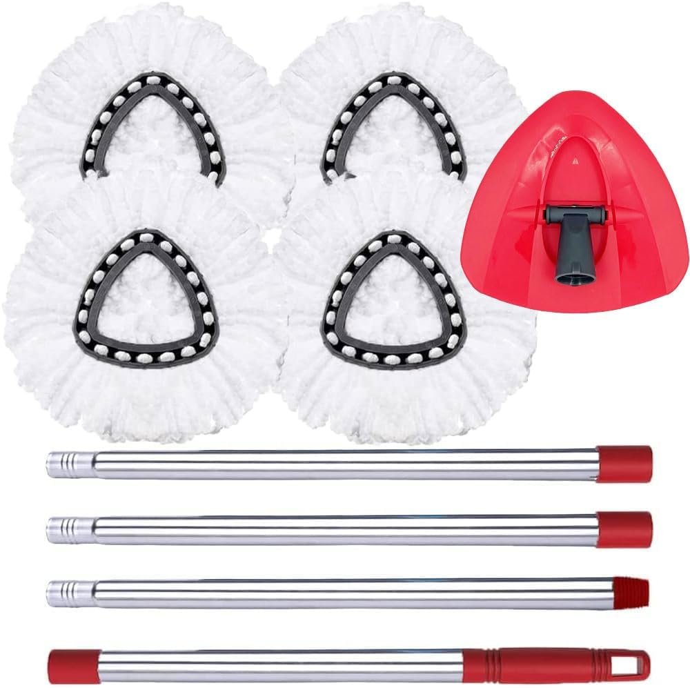 Spin Mop Replace Head, Base, Handle Compatible with O Cedar EasyWring Microfiber Spin Mop, 4 Mop Refills Replacement Heads, 30-58in Mop Handle and 1 Mop Base Combo Set (White (1-Tank System)) - Image 2